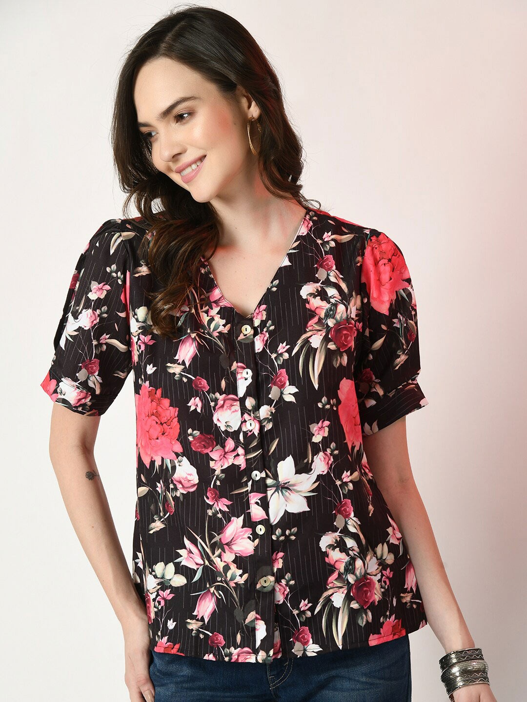

DressBerry Floral Print Roll-Up Sleeves Linen Top, Black