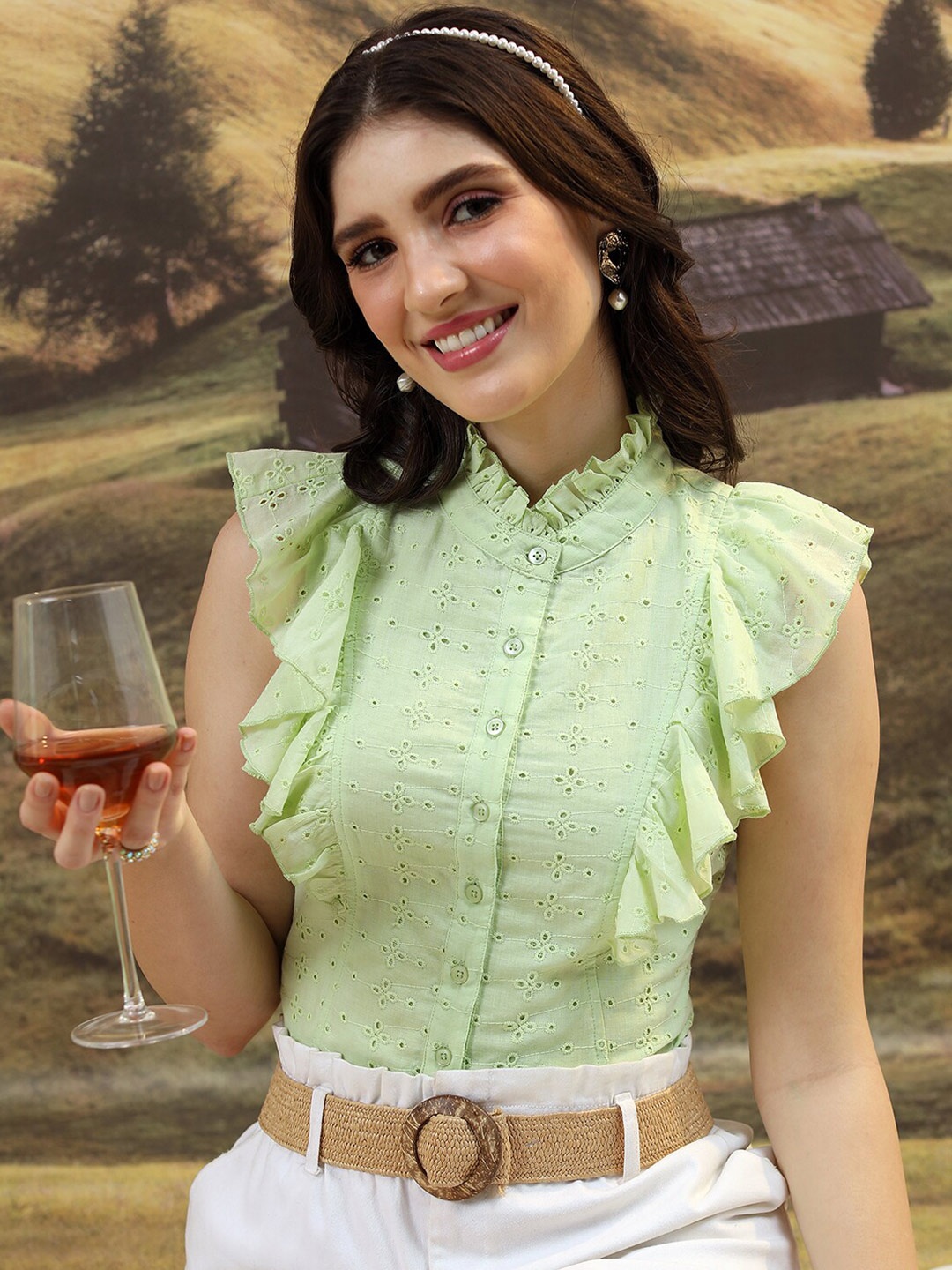 

Tokyo Talkies Green Self Design Flutter Sleeves Cotton Schiffli Shirt Style Crop Top