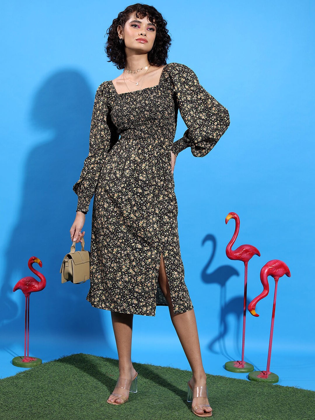 

Tokyo Talkies Animal Print Bell Sleeve Fit & Flare Midi Dress, Black