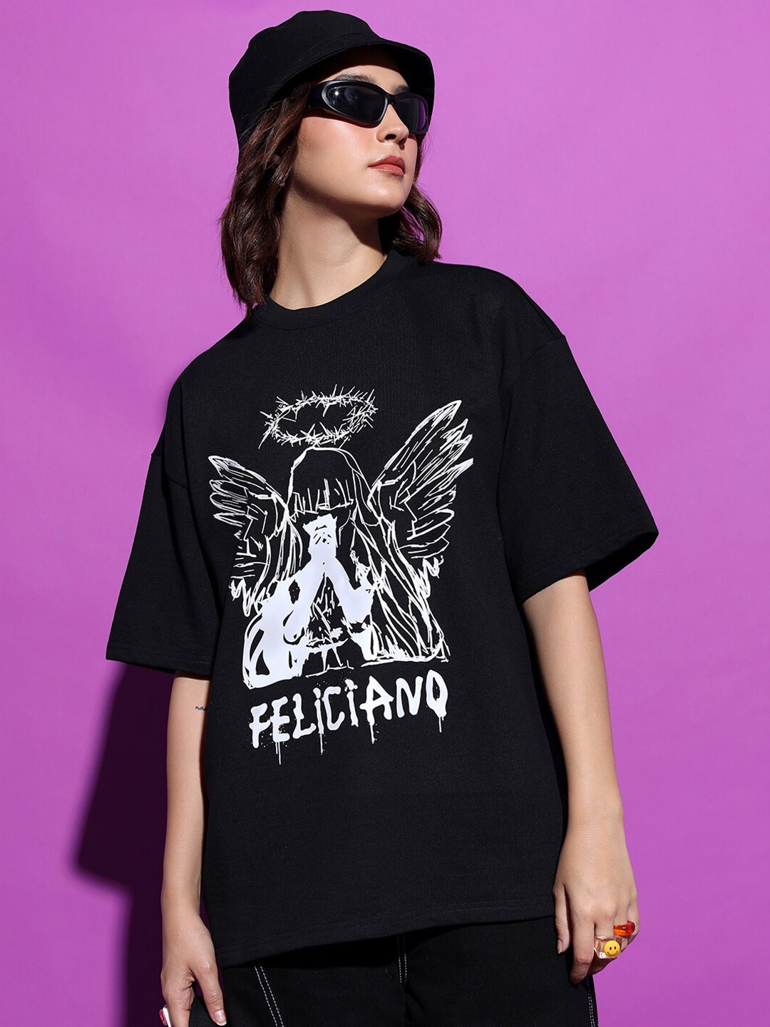 

Tokyo Talkies Black Graphic Printed Printed Drop-Shoulder Oversized T-shirt