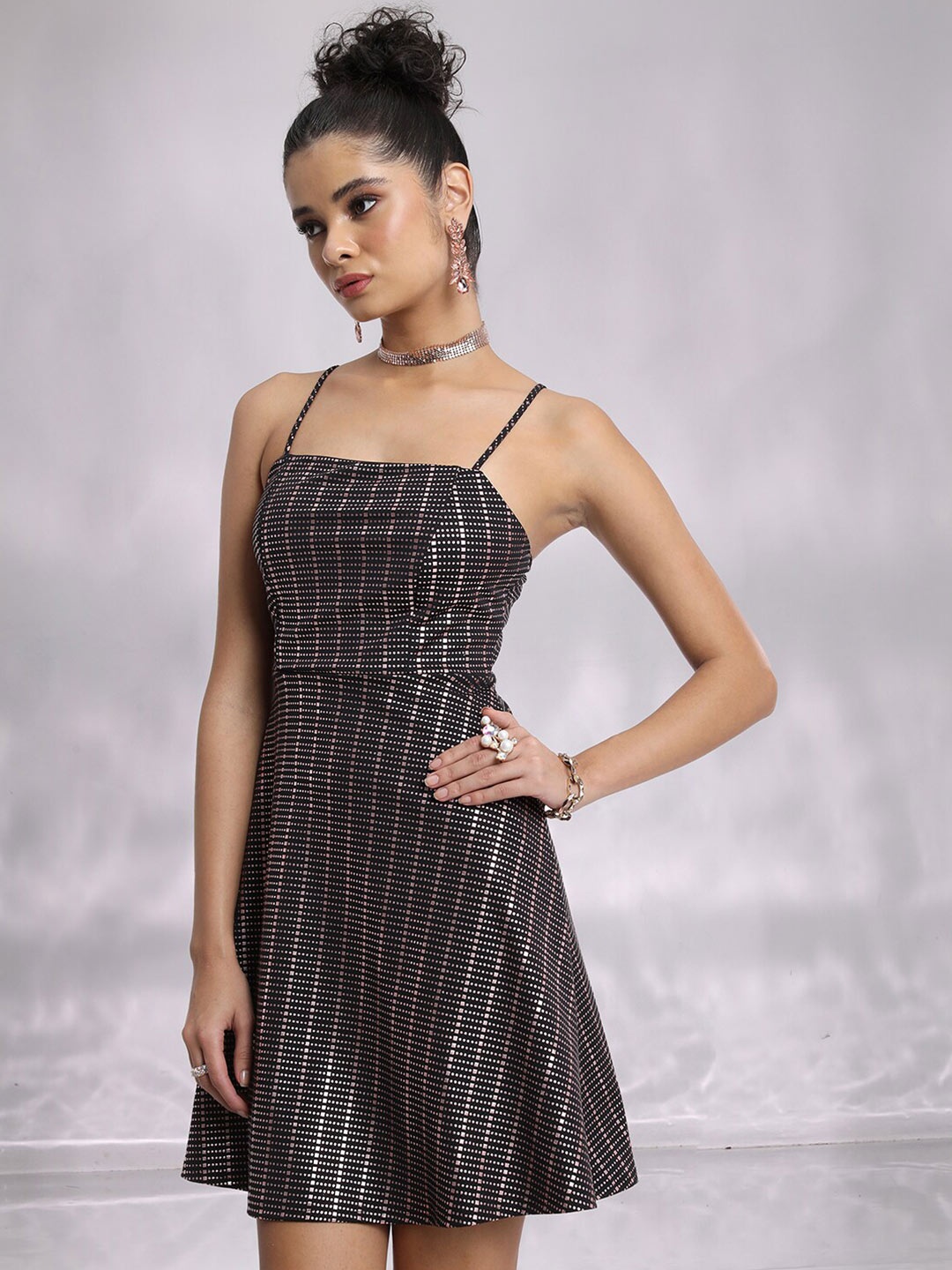 

Tokyo Talkies Black Shoulder Straps Embellished Bling & Sparkly A-Line Dress