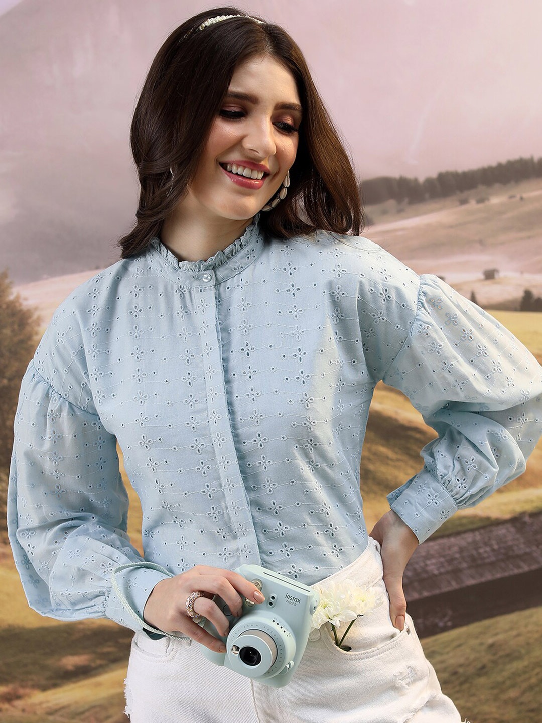

Tokyo Talkies Blue Self Design Mandarin Collar Puffed Sleeves Shirt Style Top