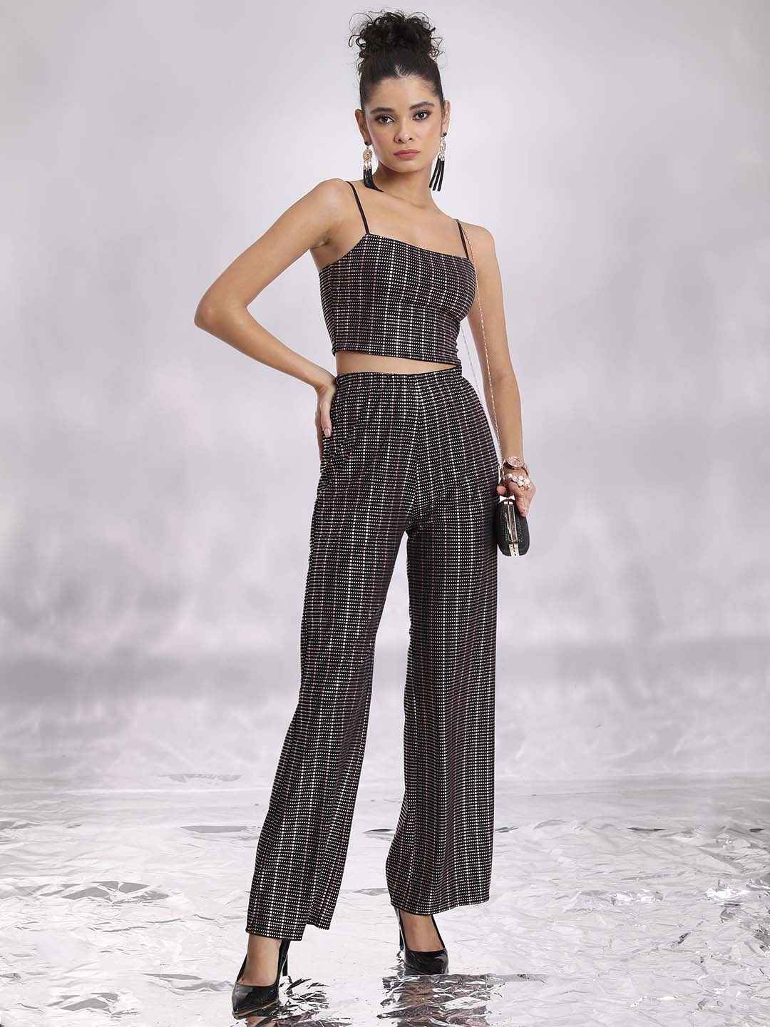 

Tokyo Talkies Black Geometric Printed Shoulder Straps Top With Trouser