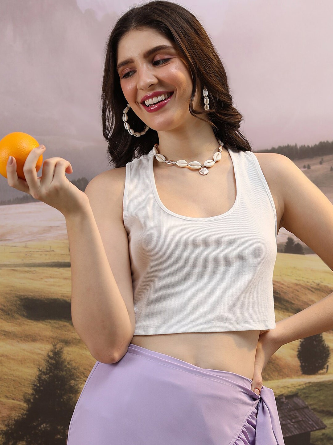 

Tokyo Talkies White Scoop Neck Sleeveless Crop Top