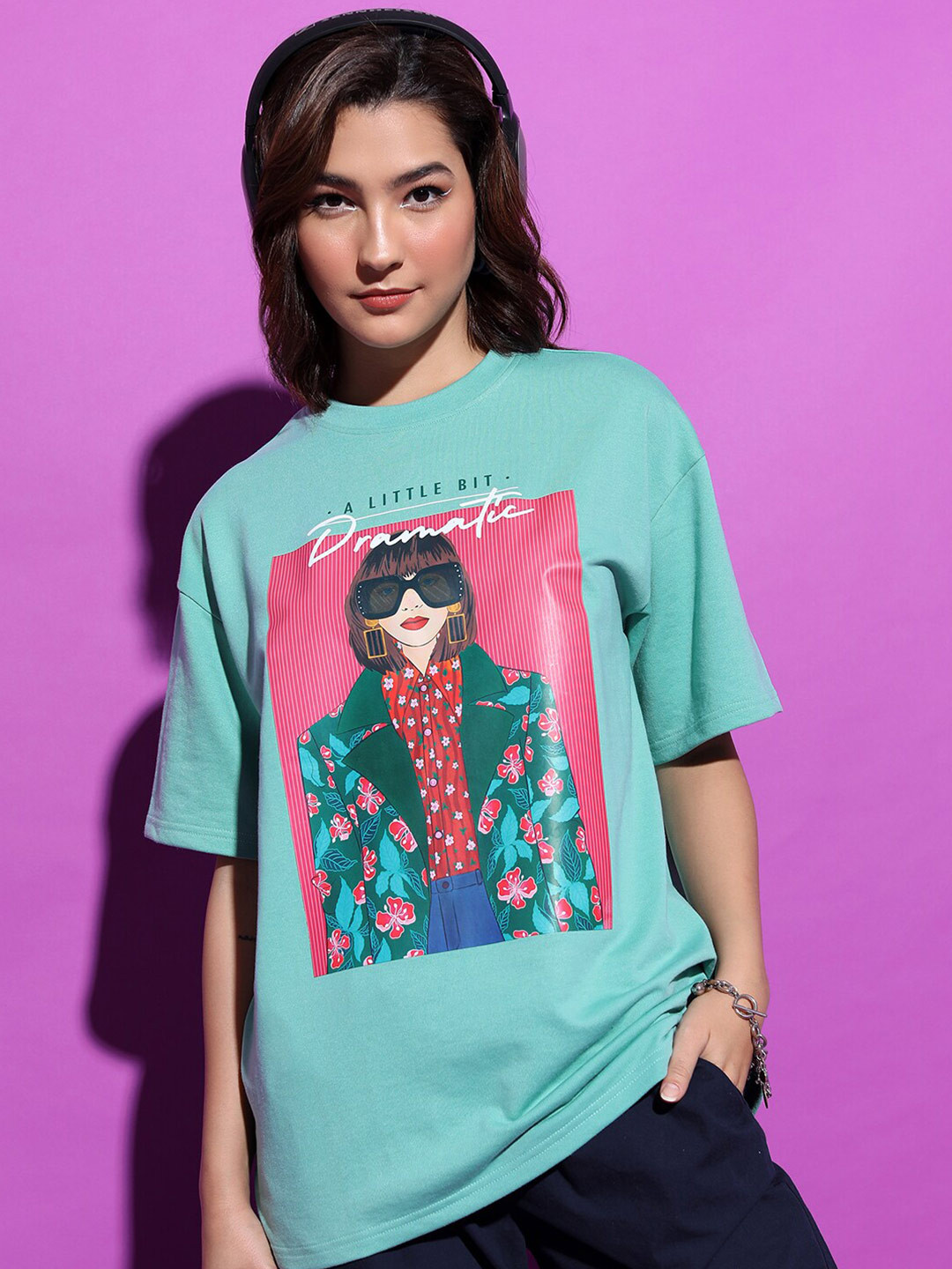 

Tokyo Talkies Green & Pink Printed Round Neck Drop-Shoulder-Sleeves T-shirt