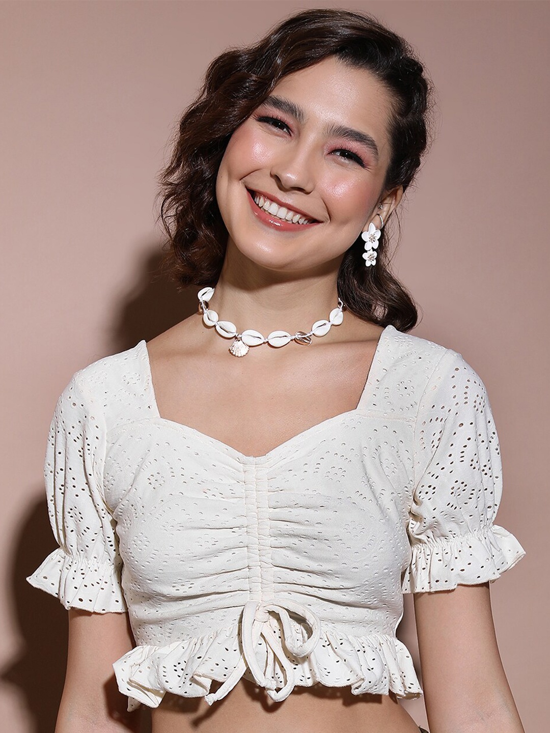 

Tokyo Talkies Cream-Coloured Sweetheart Neck Bell Sleeve Fitted Crop Top