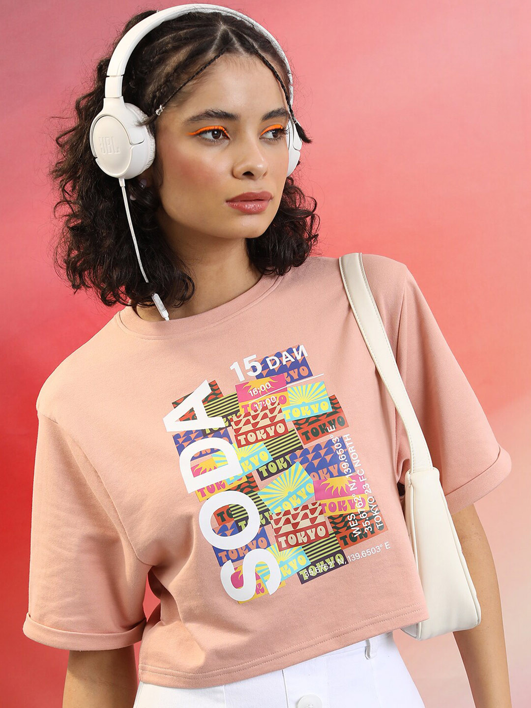 

Tokyo Talkies Printed Round Neck Drop Shoulder Sleeves Crop Boxy Tshirt, Nude