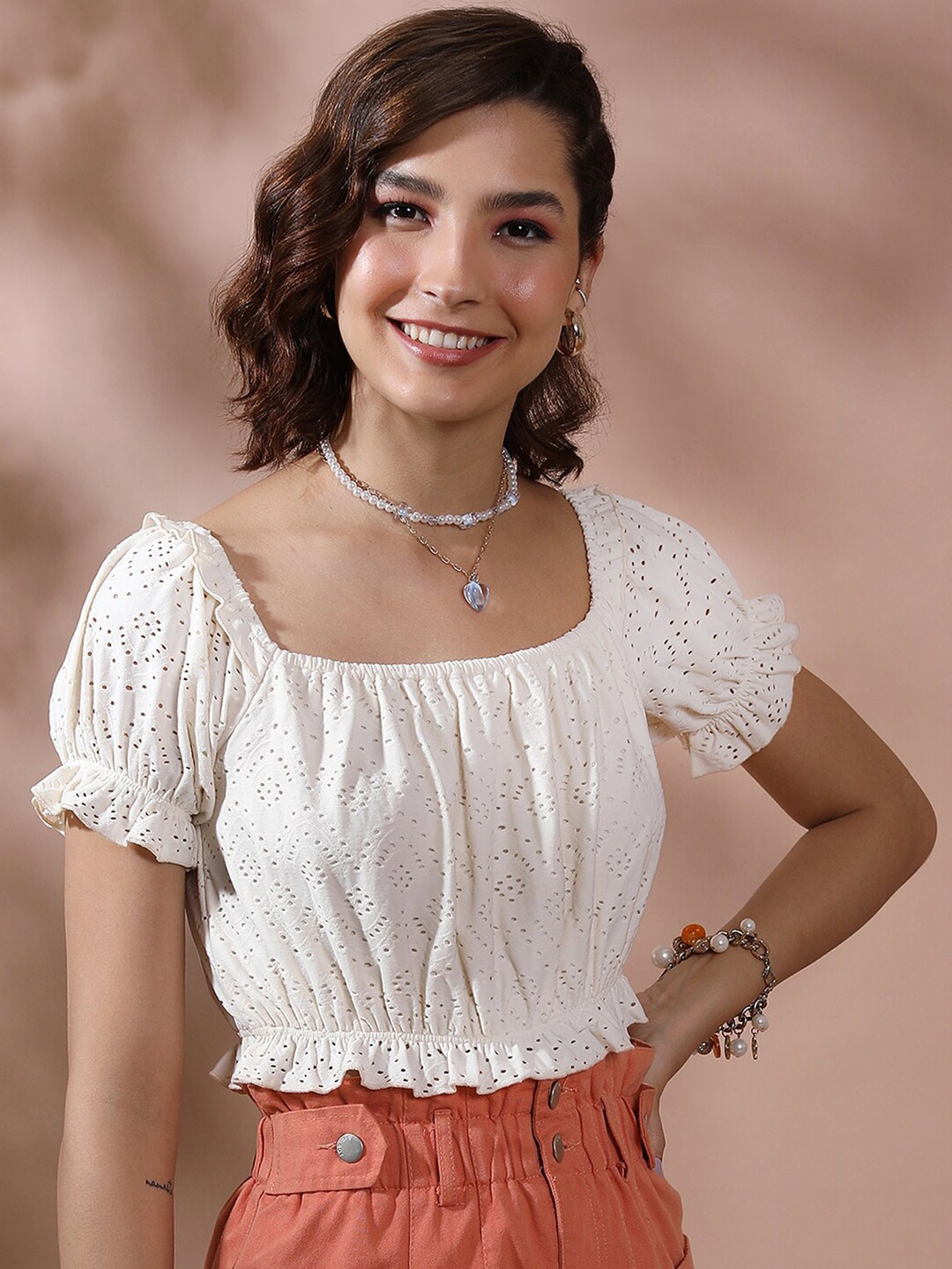 

Tokyo Talkies Cream Coloured Self Design Square Neck Puffed Sleeves Crop Top