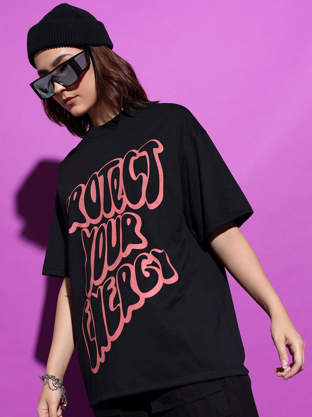

Tokyo Talkies Black Typography Printed Drop Shoulder Sleeves Oversized T-shirt