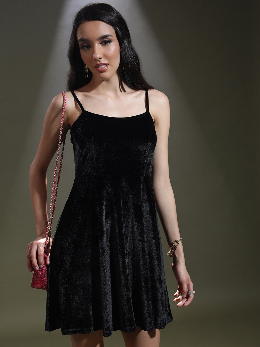 

Tokyo Talkies Black Shoulder Strap Velvet A-Line Mini Dress