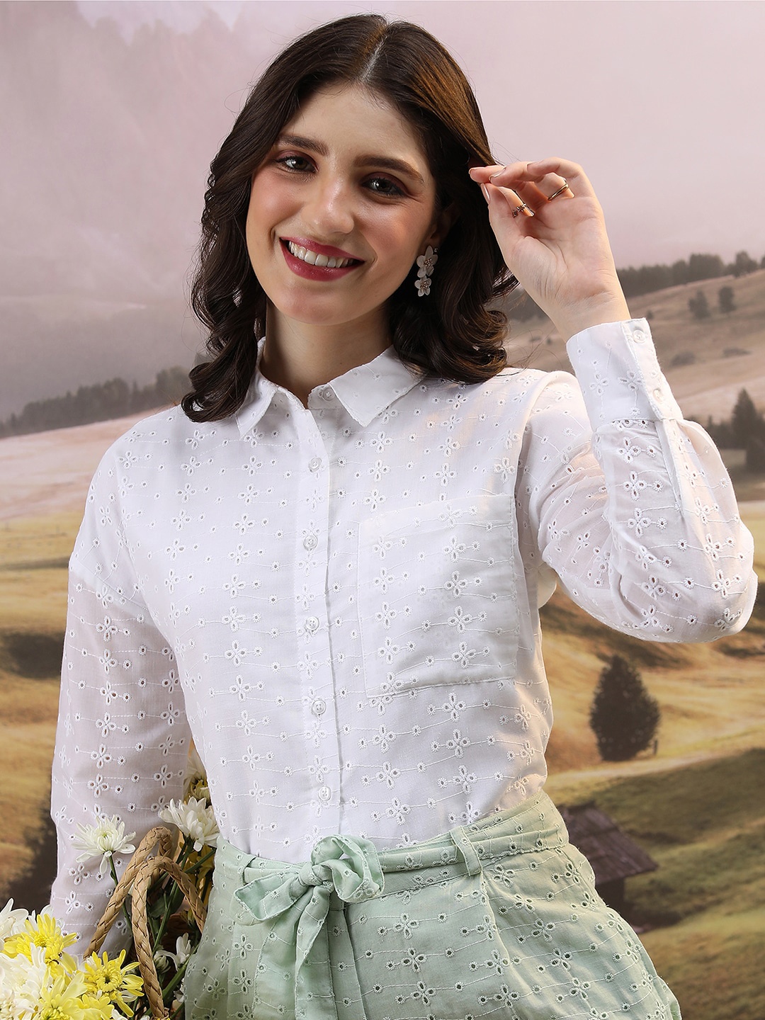 

Tokyo Talkies White Schiffli Cotton Casual Shirt