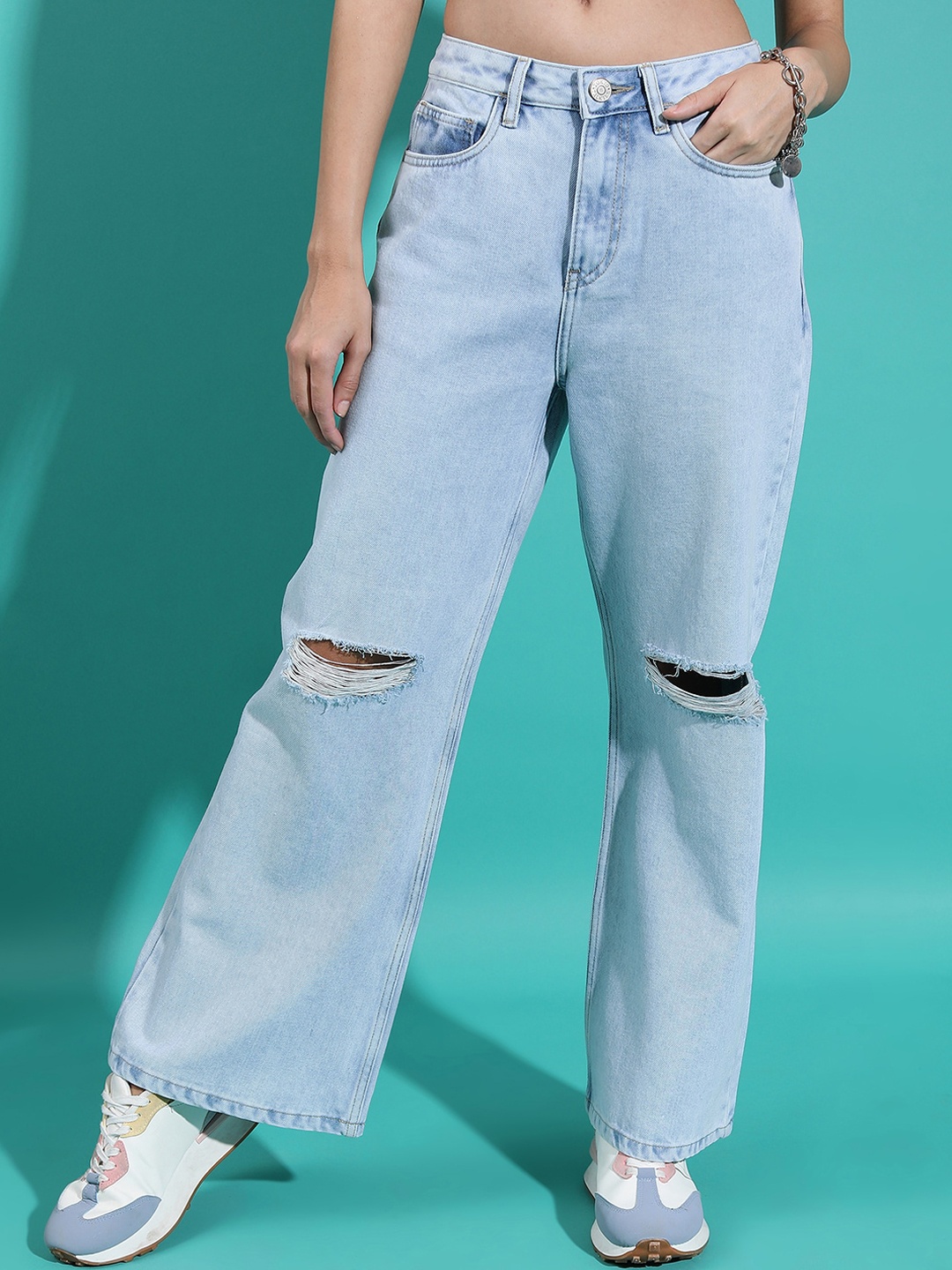 

Tokyo Talkies Women Blue Wide Leg Mid-Rise Slash Knee Cotton Jeans