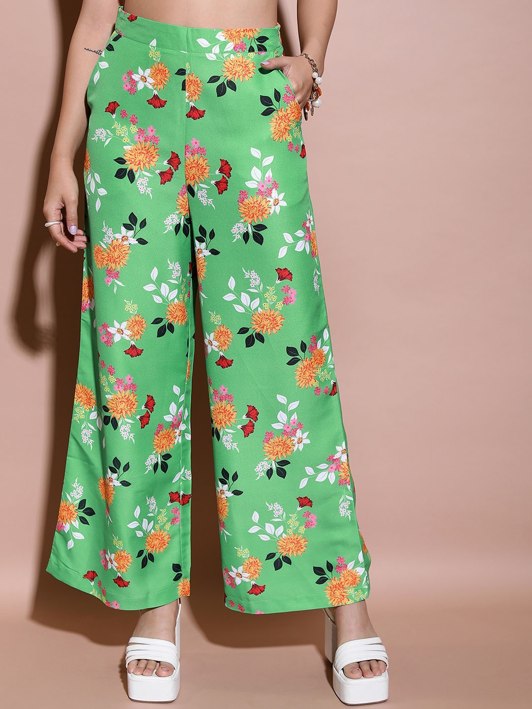 

Tokyo Talkies Women Floral Printed Flared Plain Parallel Trousers, Green