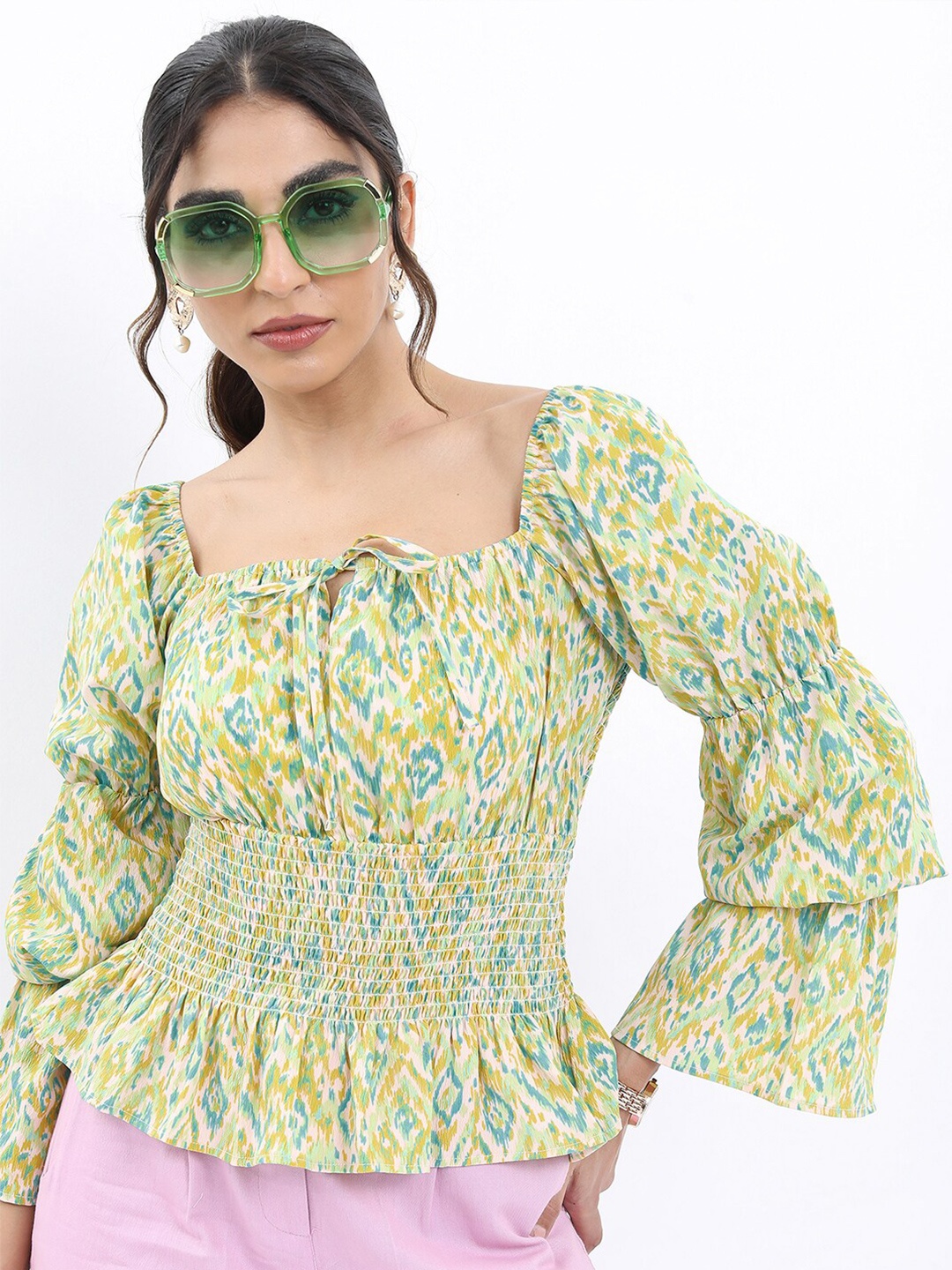 

Tokyo Talkies Green Animal Print Bell Sleeve Top