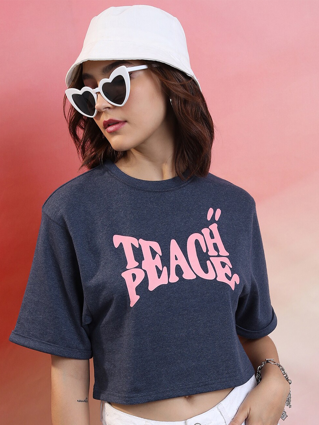 

Tokyo Talkies Typography Printed Boxy Drop-Shoulder T-shirt, Navy blue