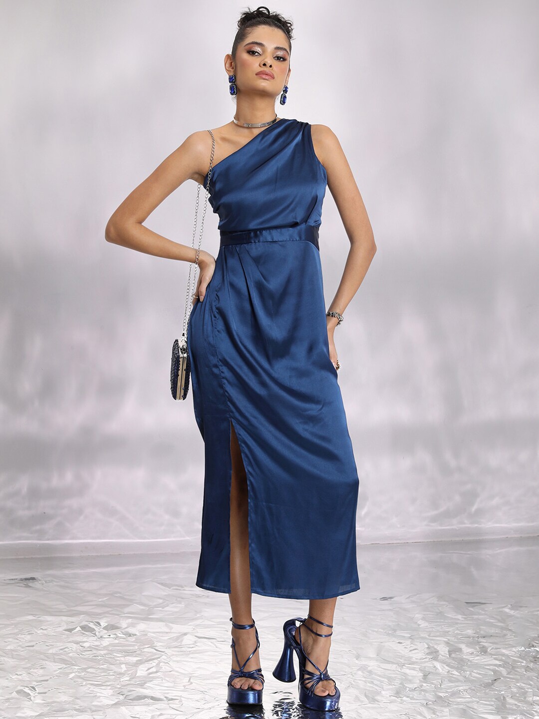 

Tokyo Talkies Navy Blue One Shoulder Satin A-line Midi Dress