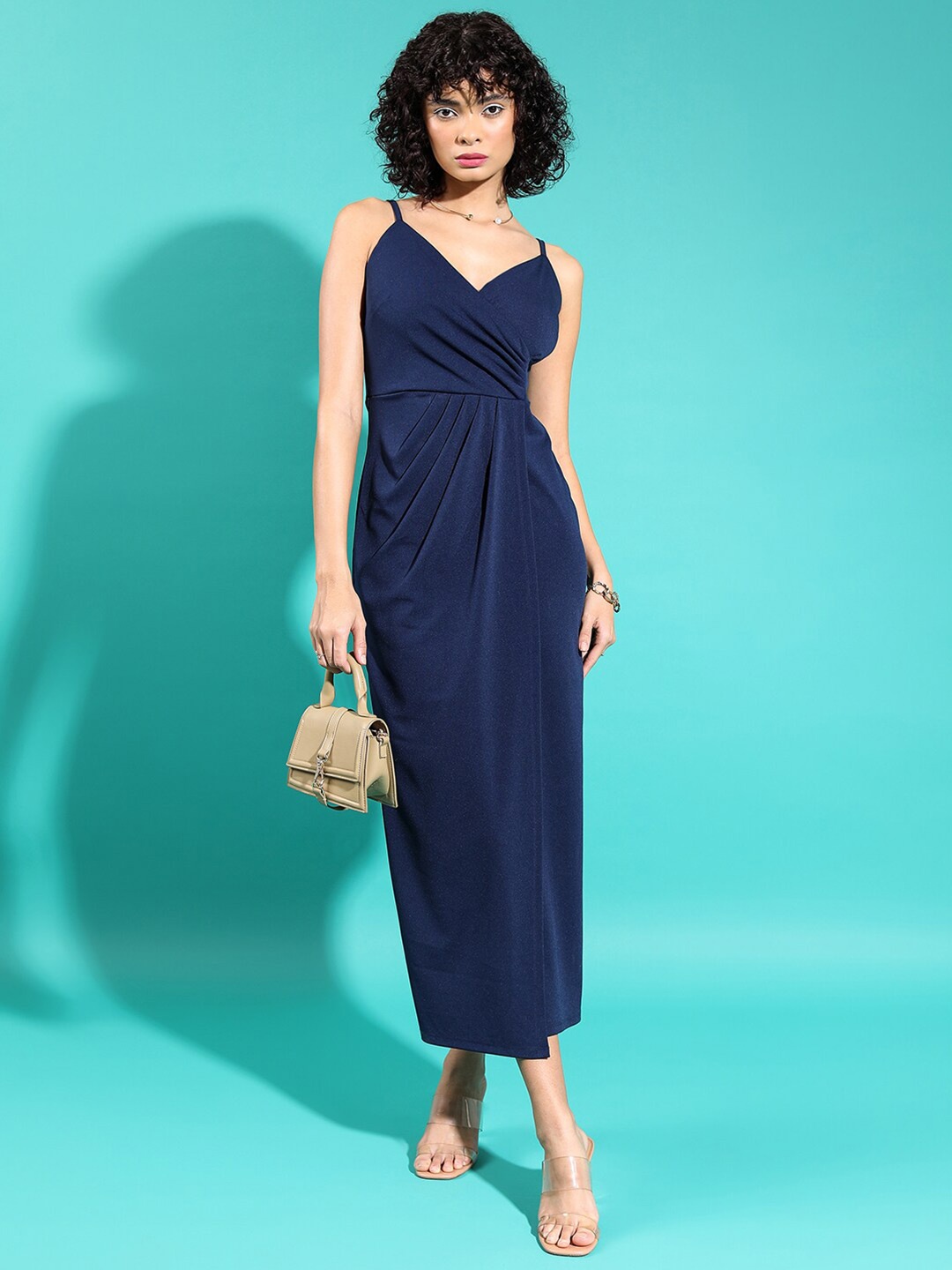 

Tokyo Talkies Shoulder Strap Neck Gathered or Pleated Midi Dress, Navy blue