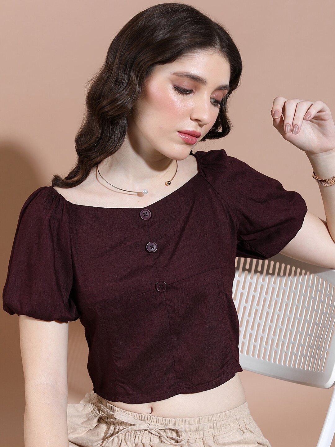 

Tokyo Talkies Burgundy Puff Sleeves Smocking Crop Top