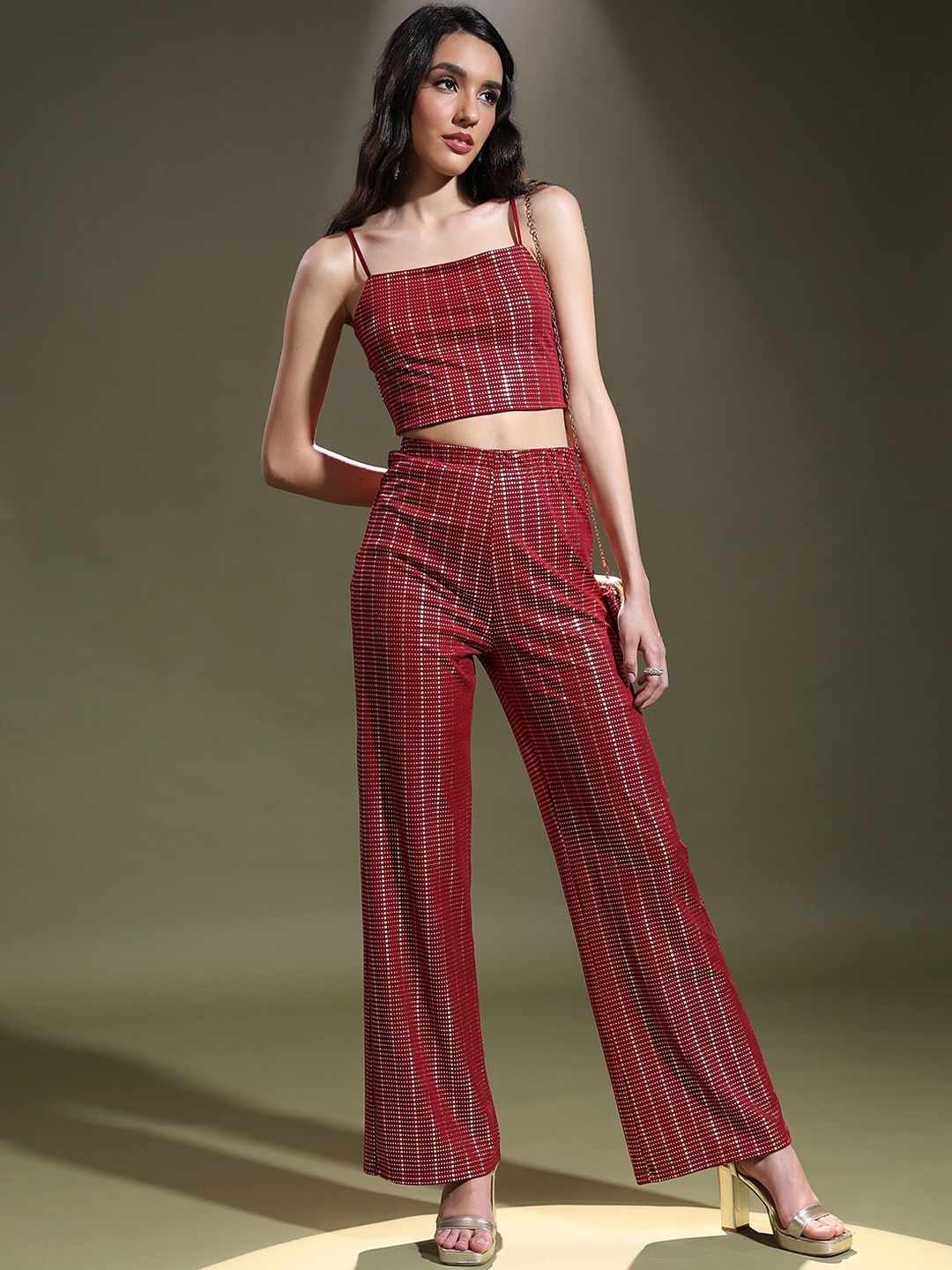 

Tokyo Talkies Red Sequinned Shoulder Strap Top With Trouser