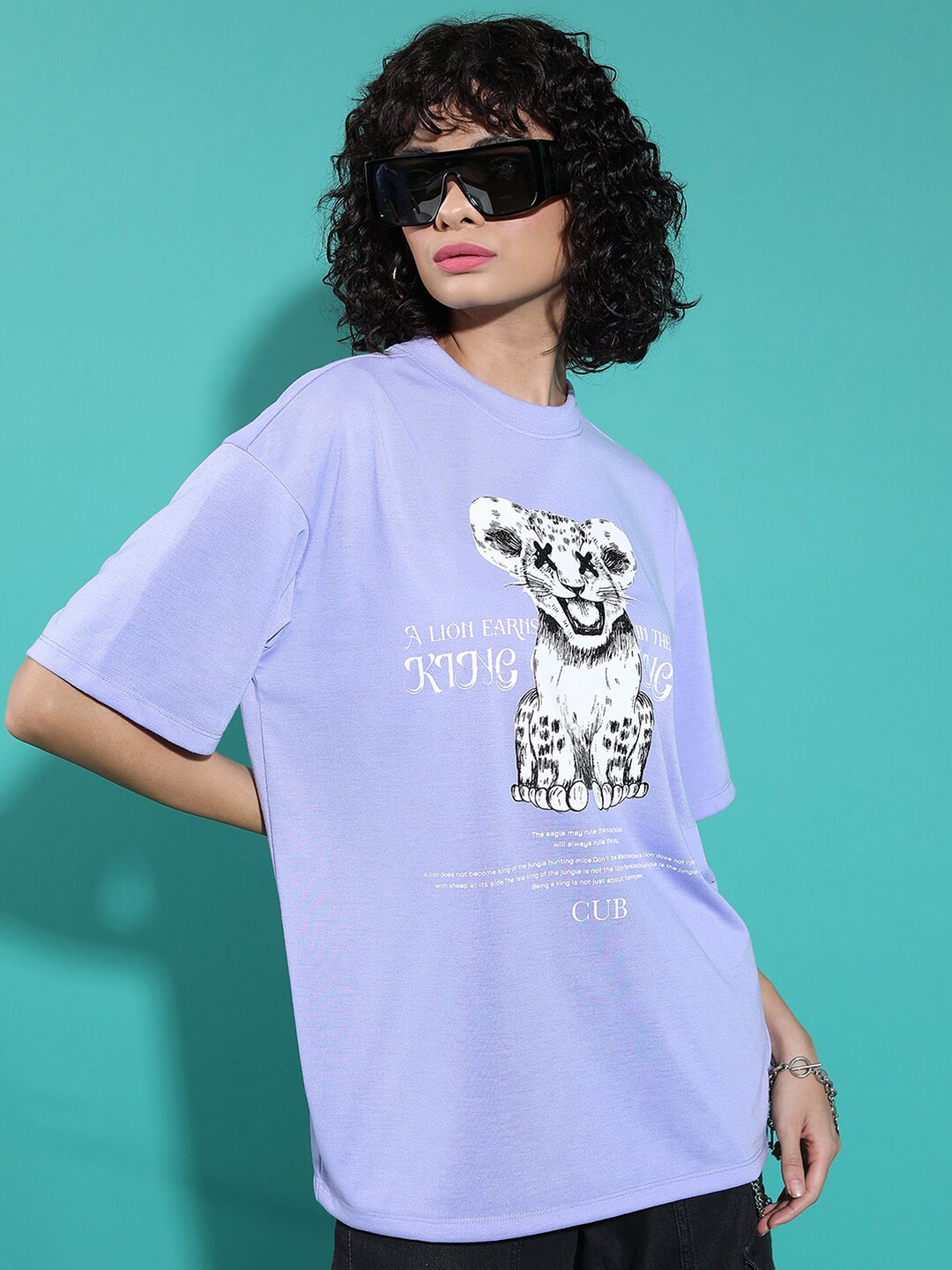 

Tokyo Talkies Lavender Graphic Printed Drop-Shoulder Oversized T-shirt