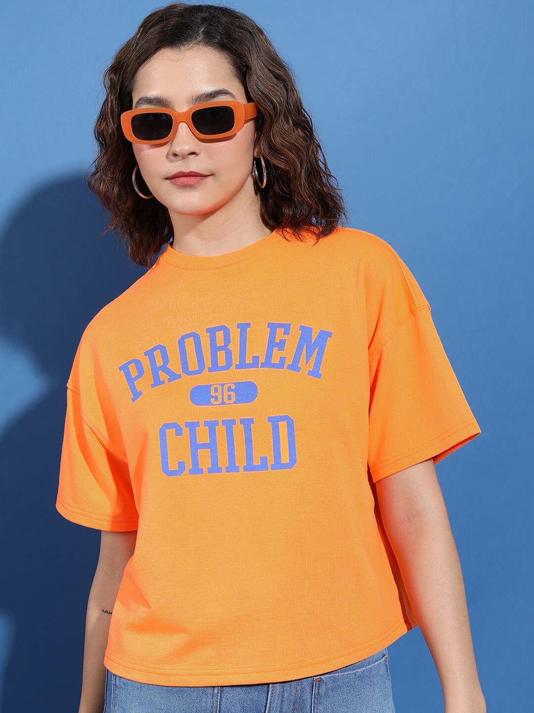 Tokyo Talkies Typography Printed Oversized Drop Shoulder Boxy T-shirt, Orange