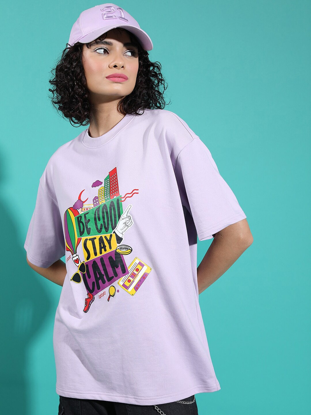 

Tokyo Talkies Lavender Typography Printed Drop-Shoulder Oversized T-shirt