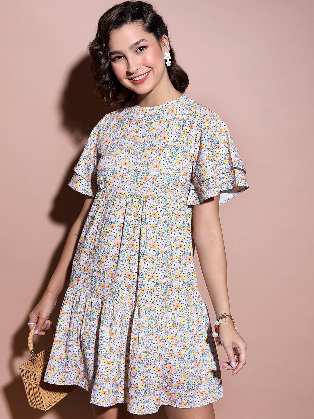 

Tokyo Talkies Pink Floral Printed Flared Sleeve A-Line Dress