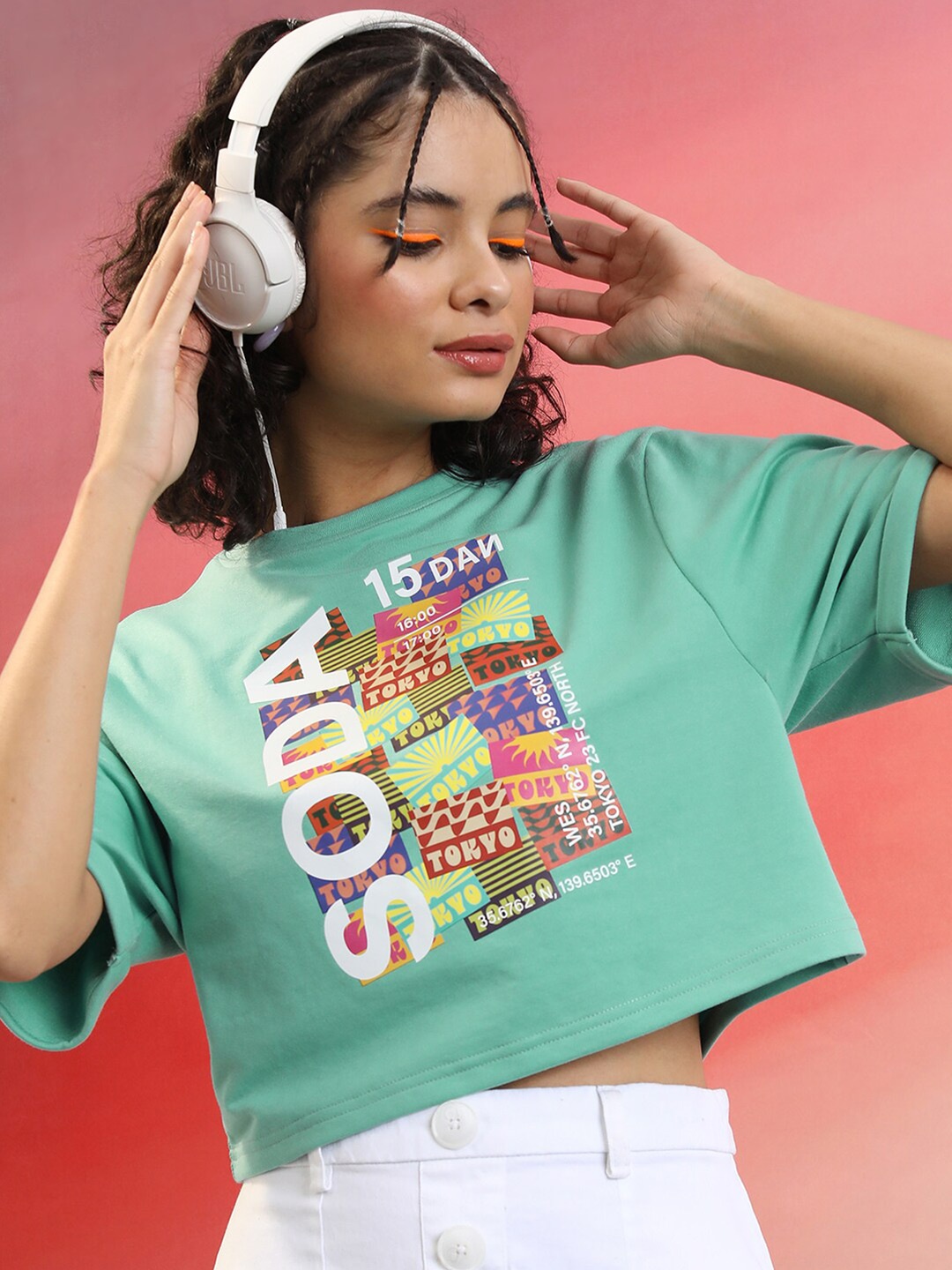 

Tokyo Talkies Green Typography Printed Drop-Shoulder Sleeves Crop Oversized T-shirt