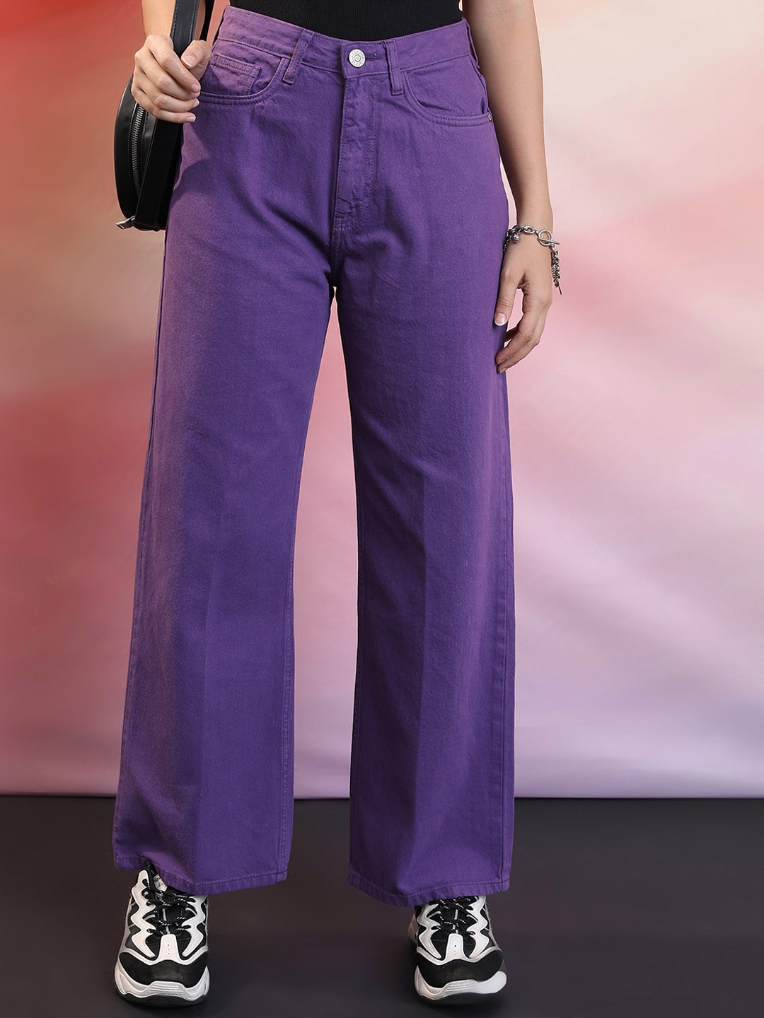 

Tokyo Talkies Women Purple Clean Look Mid-Rise Wide Leg Cotton Jeans
