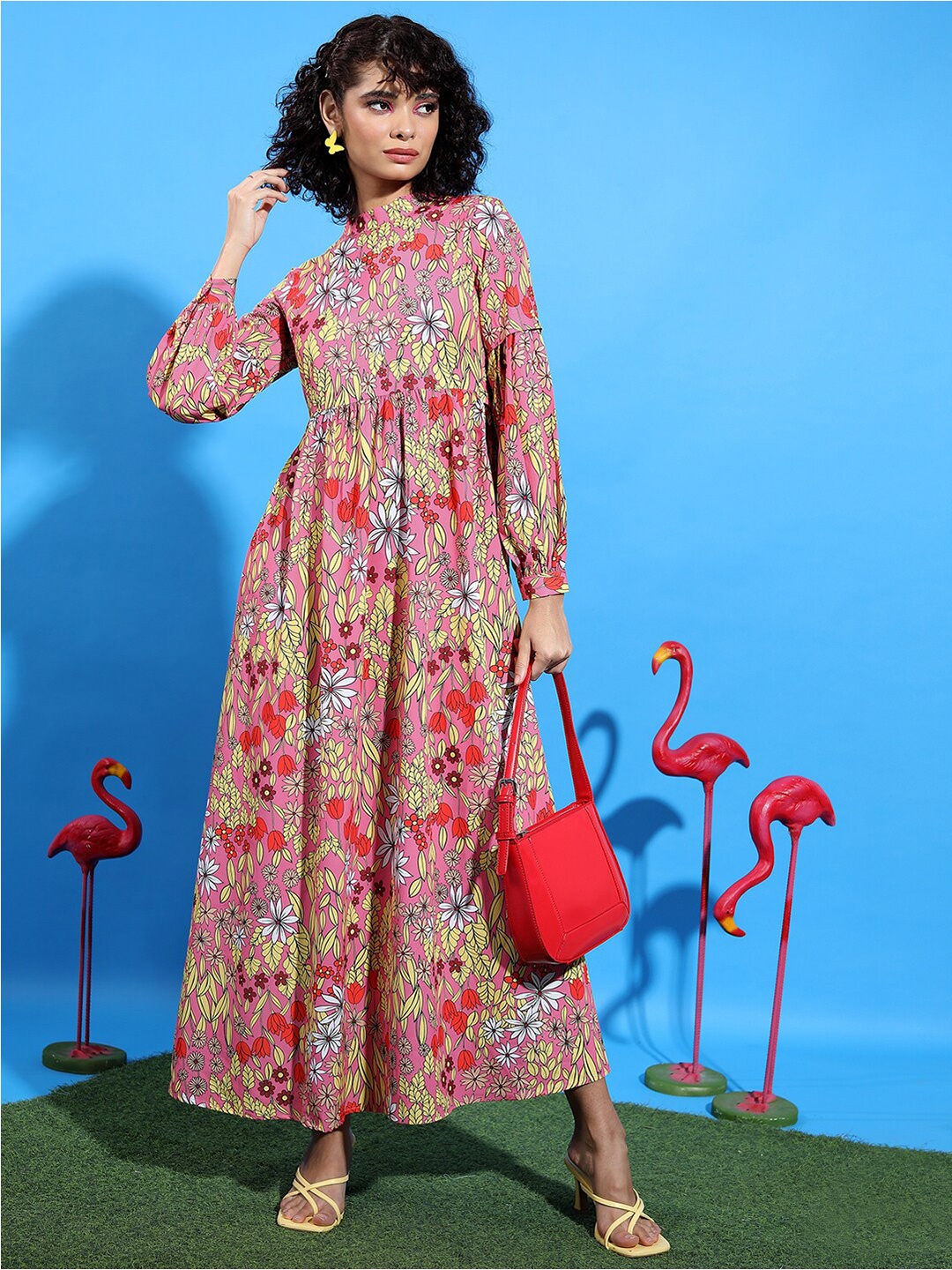 

Tokyo Talkies Red Floral Printed Puff Sleeves A-Line Maxi Dress