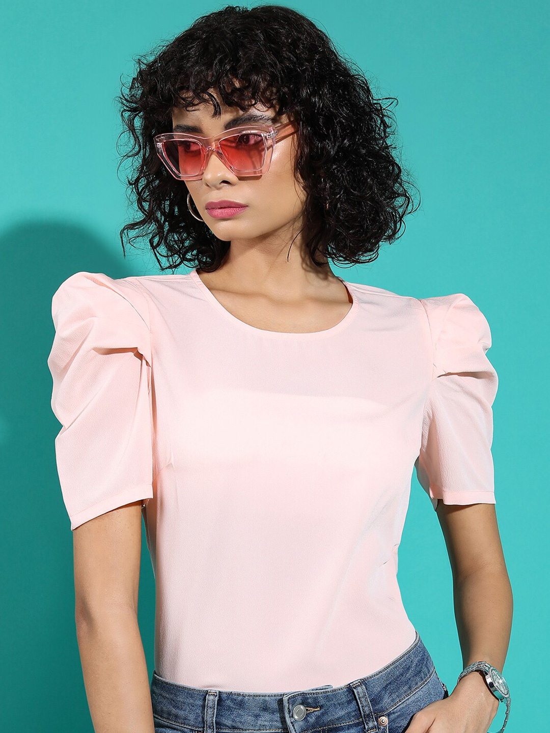 

Tokyo Talkies Puff Sleeve Regular Top, Pink