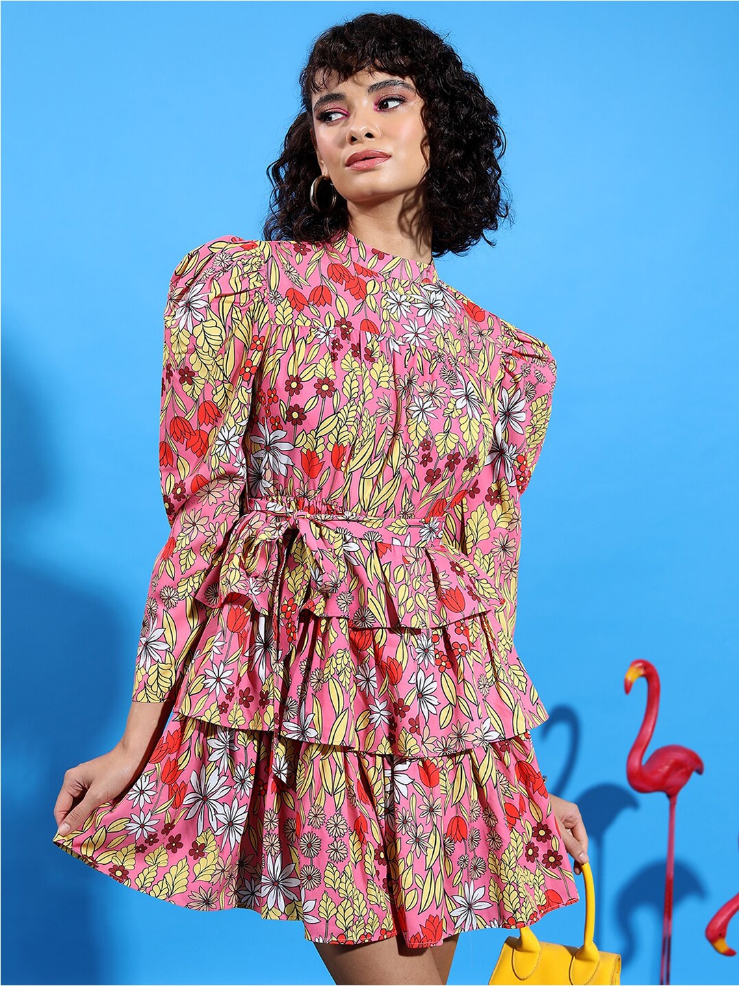 

Tokyo Talkies Pink Floral Printed High Neck Puff Sleeves Layered Fit & Flare Dress