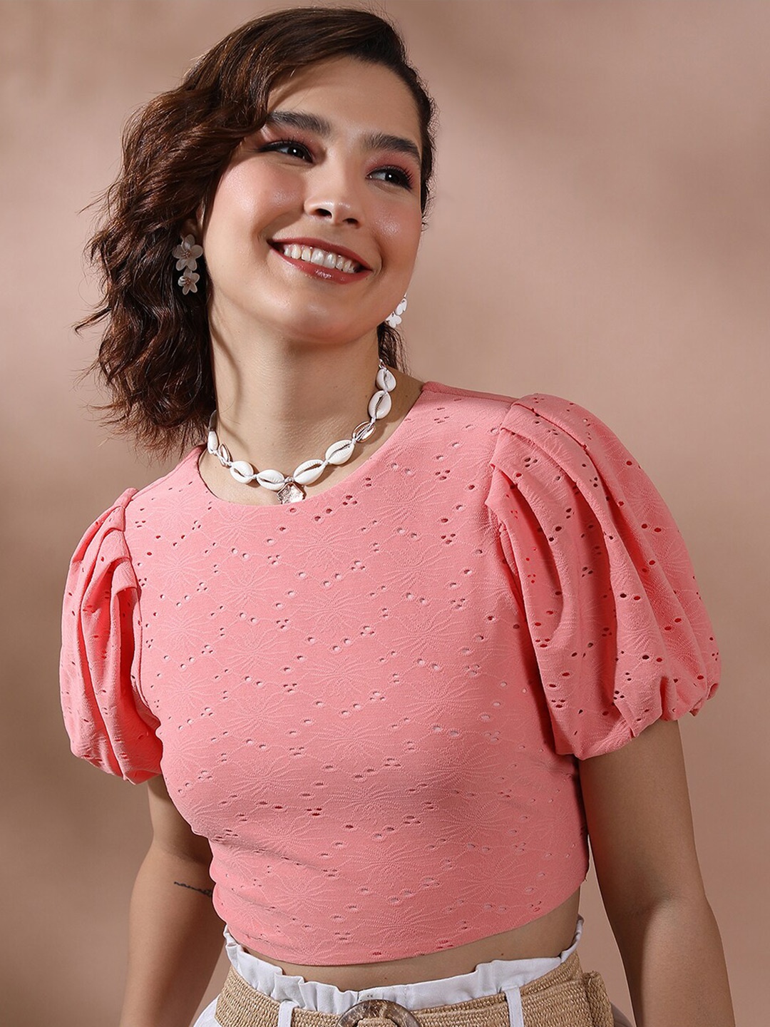 

Tokyo Talkies Pink Self Design Puff Sleeves Schiffli Crop Top