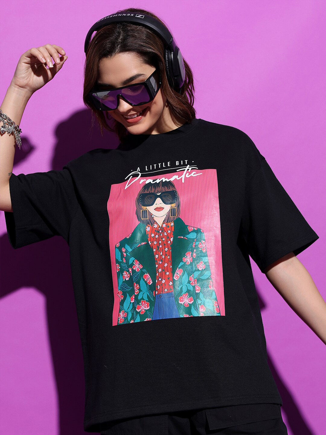 

Tokyo Talkies Black Graphic Printed Drop-Shoulder Sleeves Oversized T-shirt