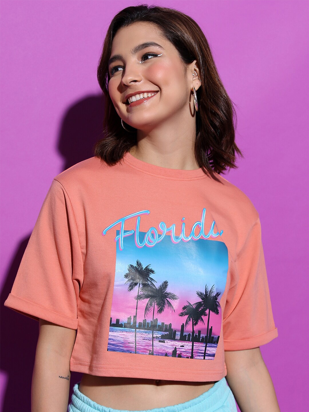 

Tokyo Talkies Graphic Printed Drop Shoulder Boxy Crop T-shirt, Coral