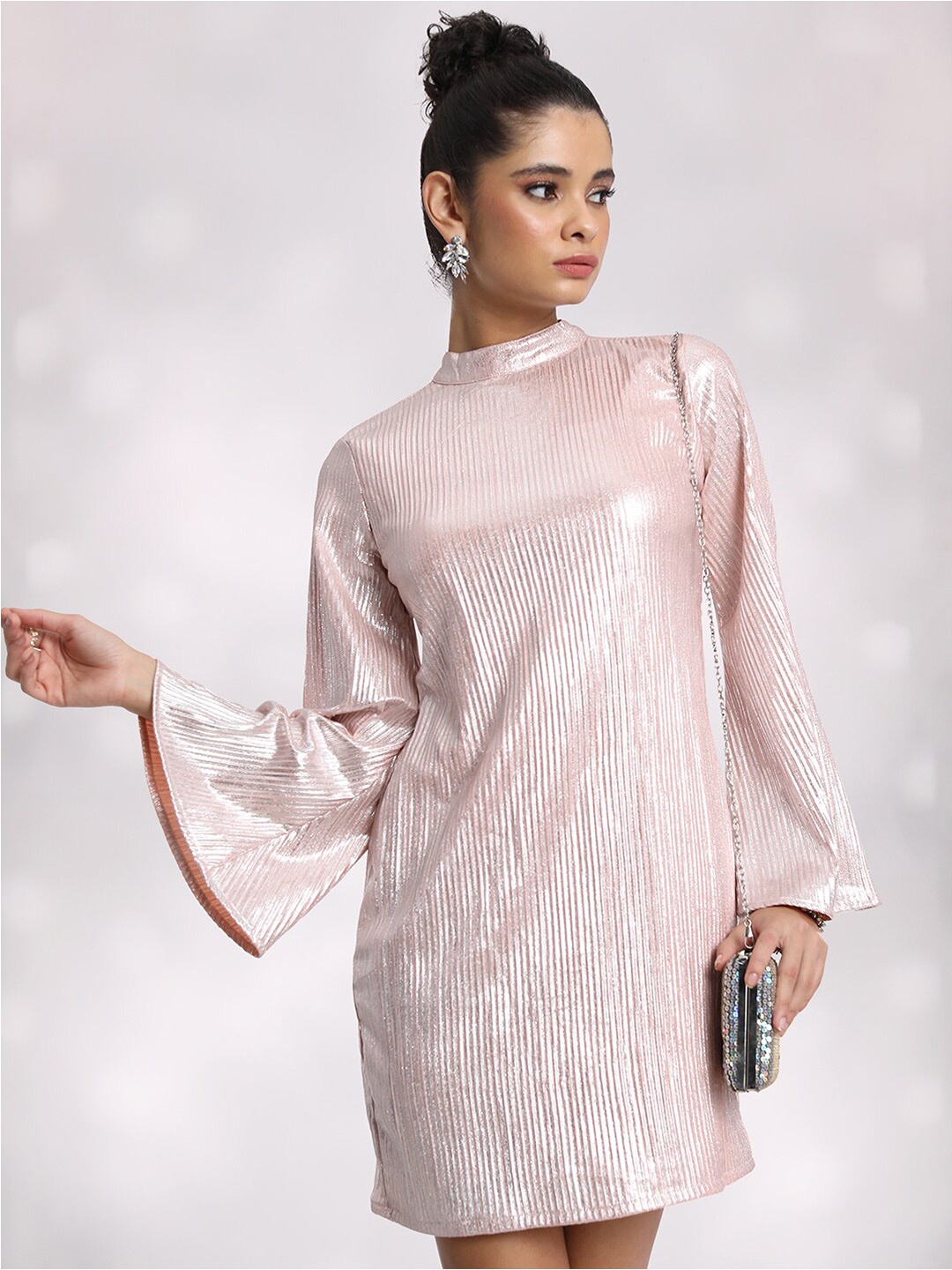 

Tokyo Talkies Pink Self Designed Bell Sleeve Sheath Dress