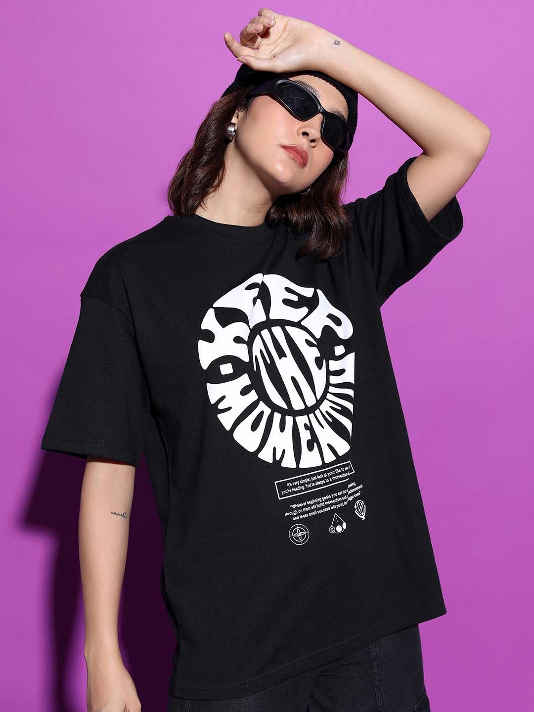 

Tokyo Talkies Black Typography Printed Drop-Shoulder Sleeves Oversized T-shirt
