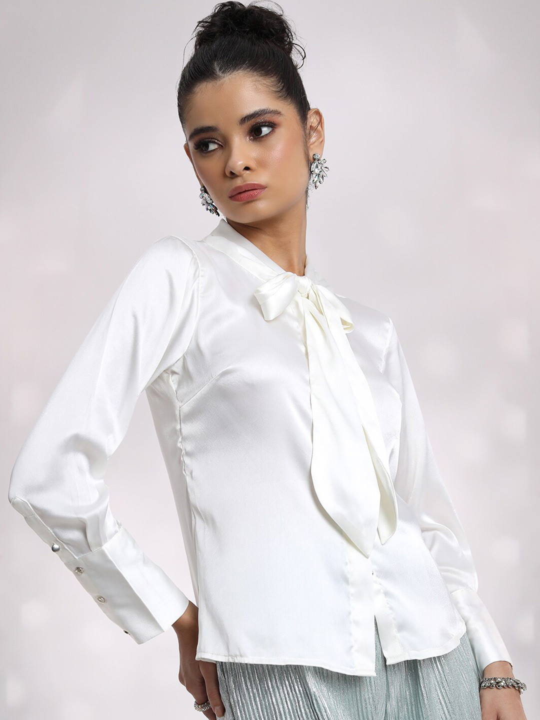 

Tokyo Talkies Cream-Coloured Tie Up Neck Cuffed Sleeves Shirt Style Top