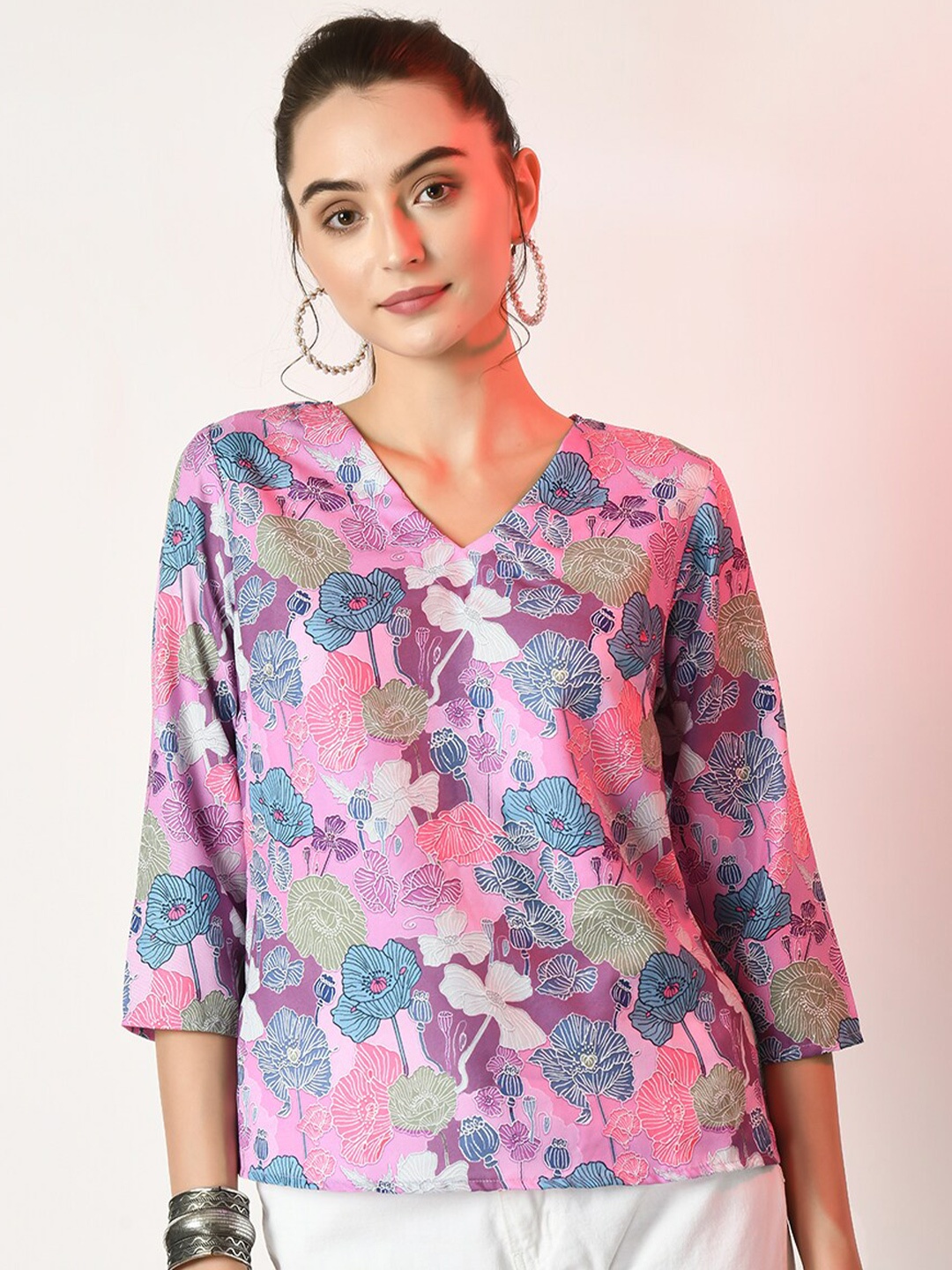 

Sangria Floral Printed Linen V-Neck Top, Purple