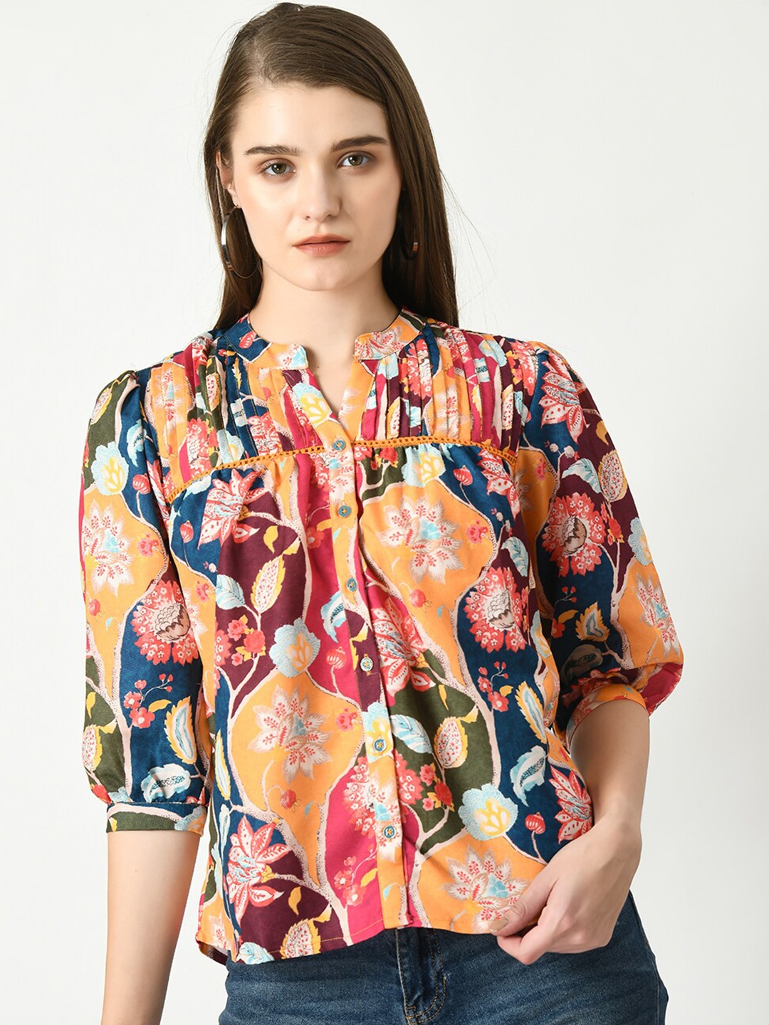 

Sangria Floral Printed Mandarin Collar Puffed Sleeves Linen Top, Yellow
