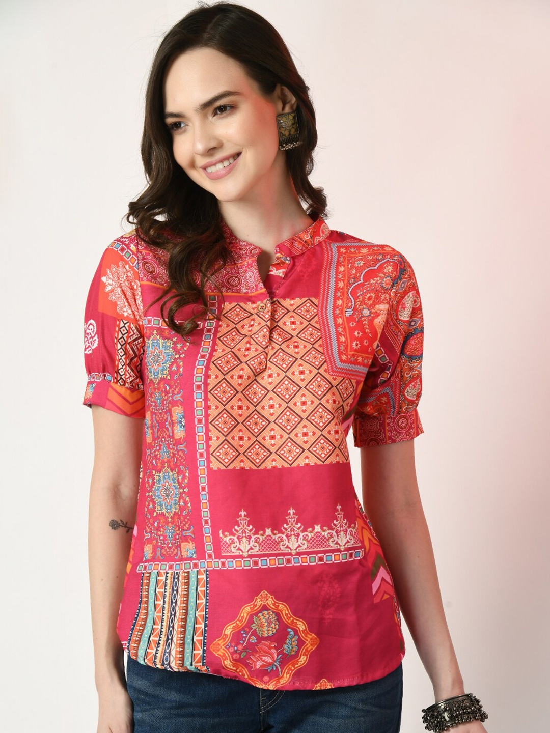 

Sangria Ethnic Motif Printed Mandarin Collar Linen Regular Top, Pink