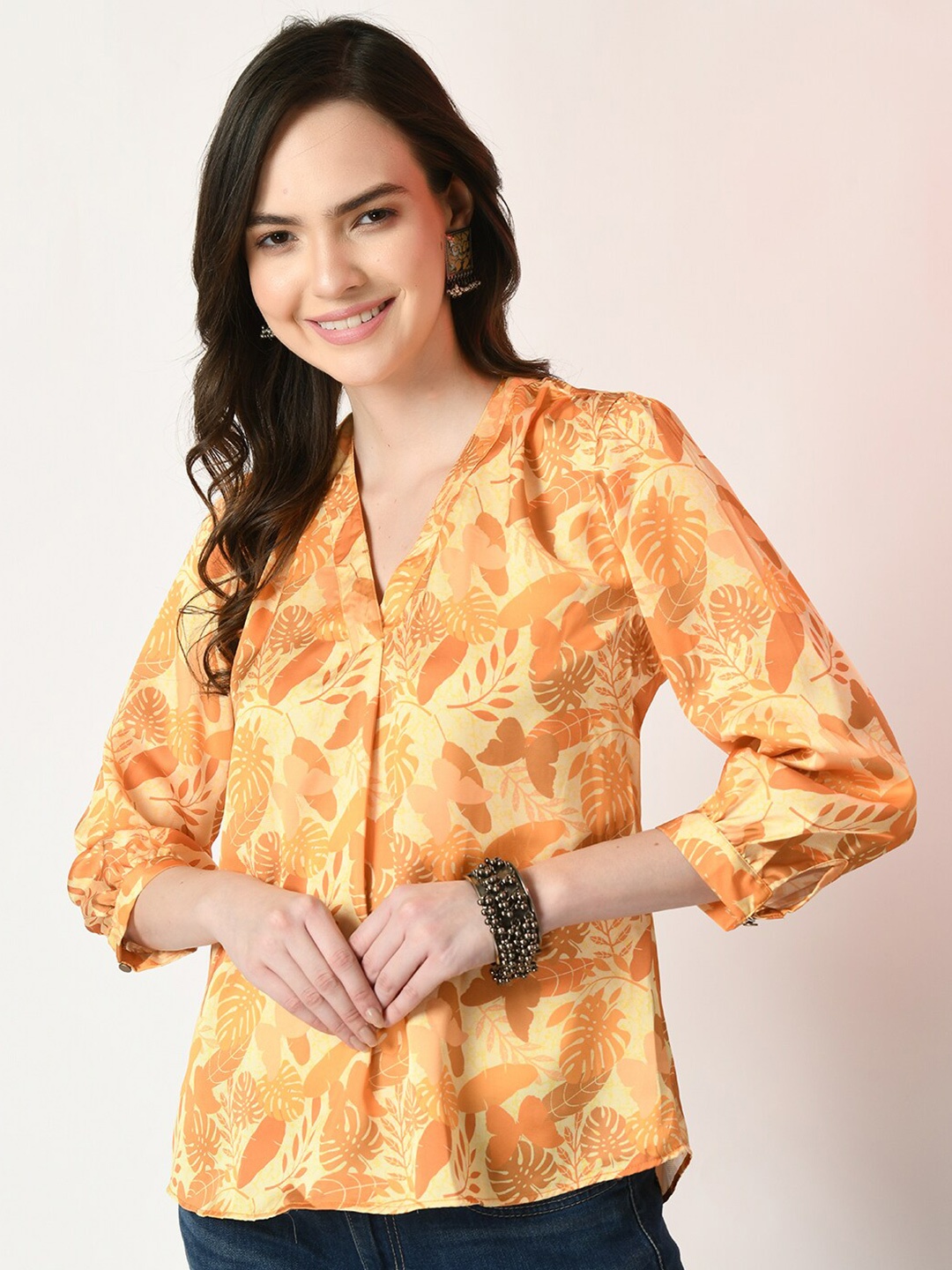 

Sangria Floral Printed Satin Shirt Style Top, Mustard