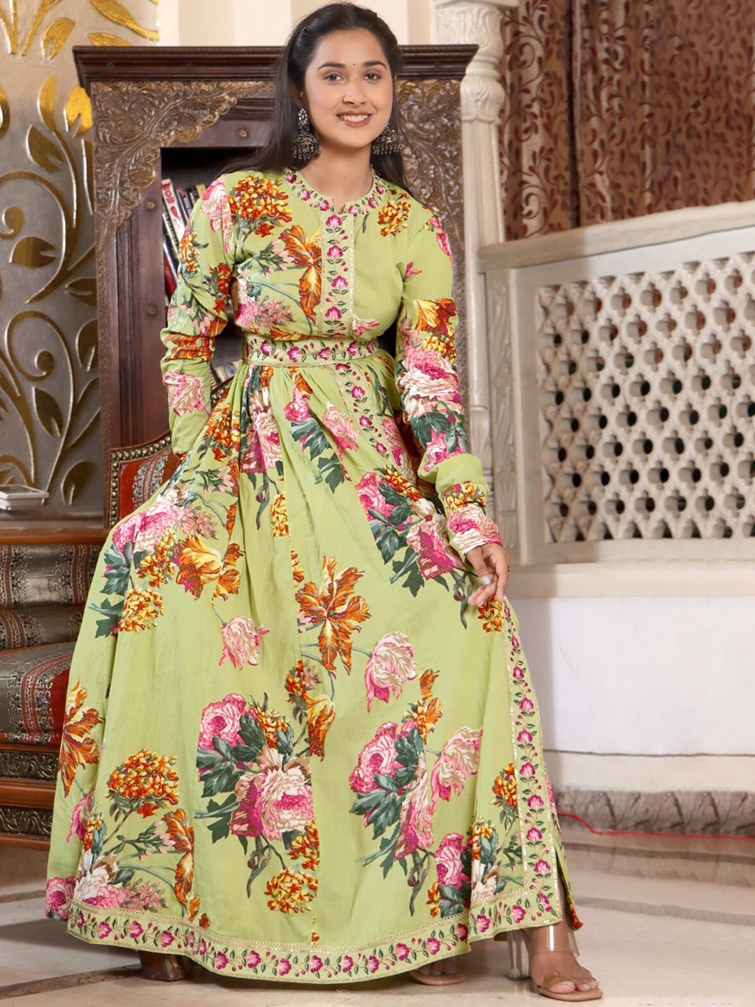 

Sangria Printed With Embroidered Cotton Anarkali Kurta, Green