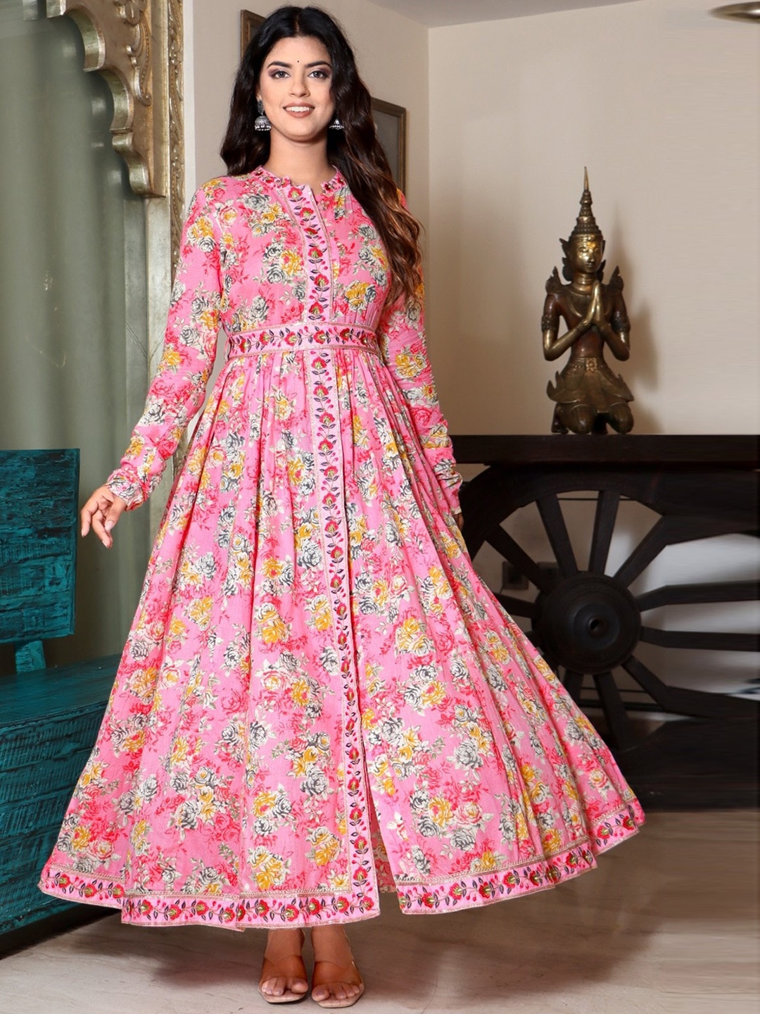 

Sangria Printed With Embroidered Cotton Anarkali Kurta, Peach