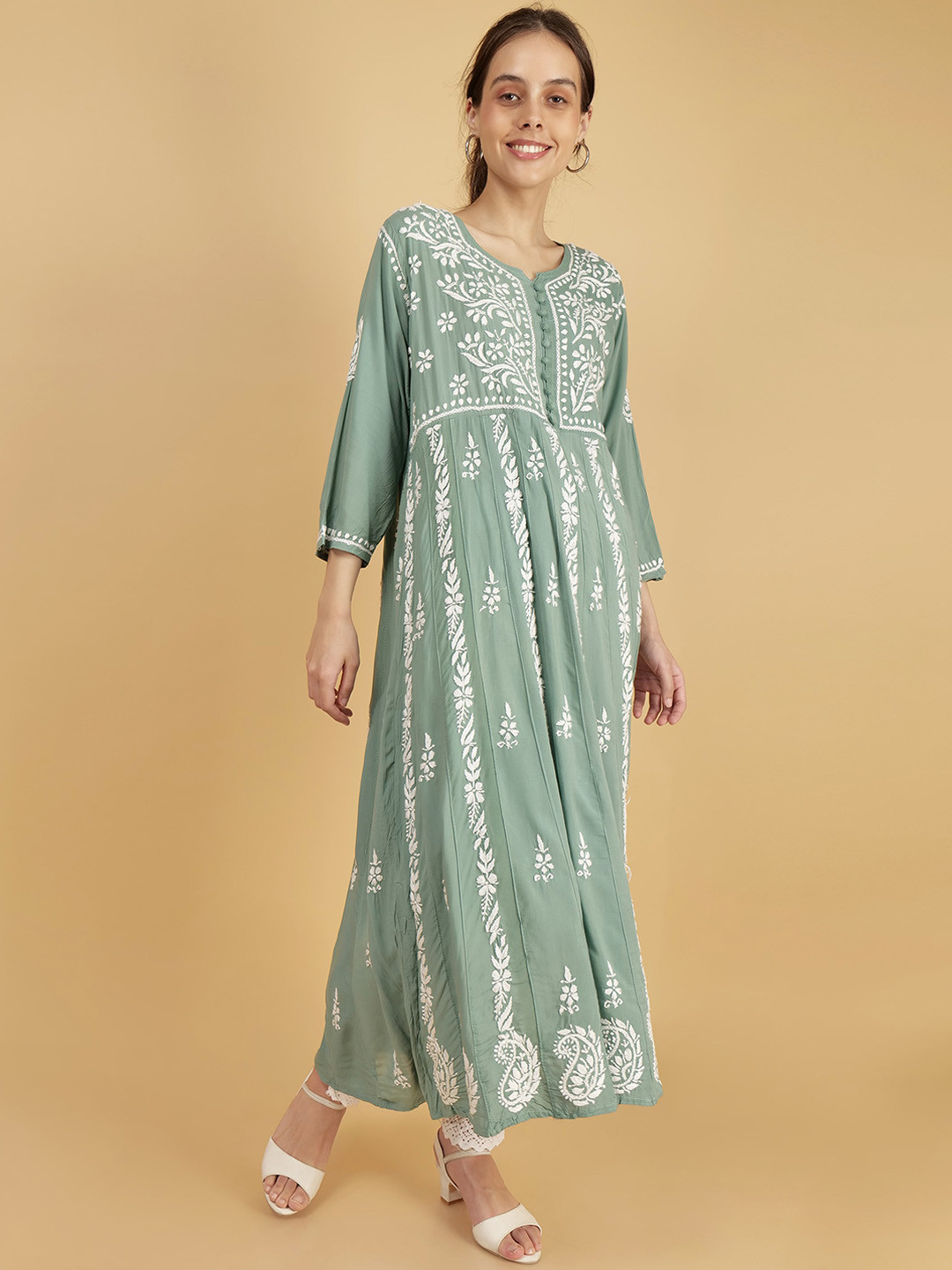

Syrish Ethnic Motifs Embroidered Modal Anarkali Kurta, Green