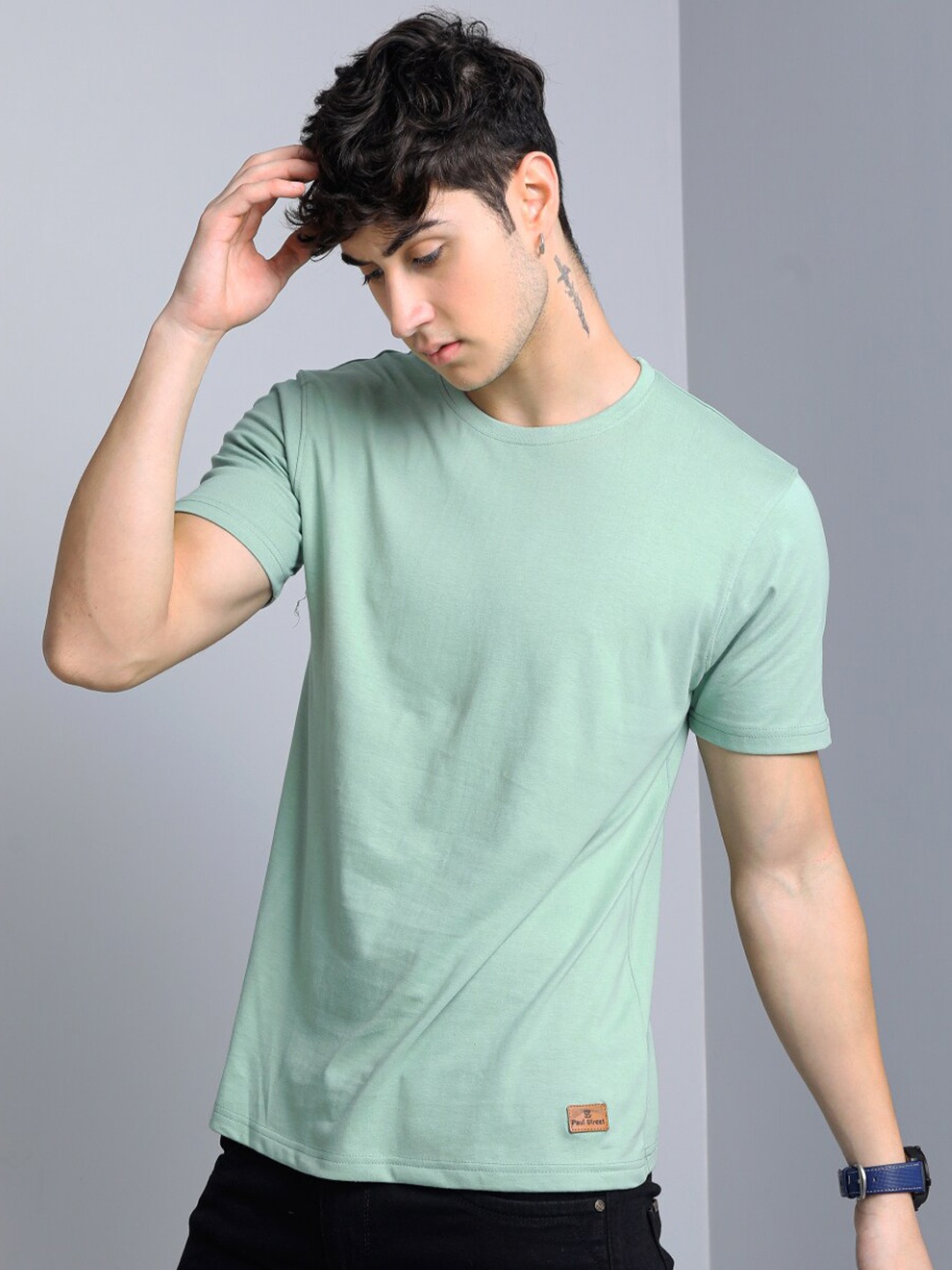 

PAUL STREET Round Neck Bio Finish Pure Cotton Slim Fit T-shirt, Green