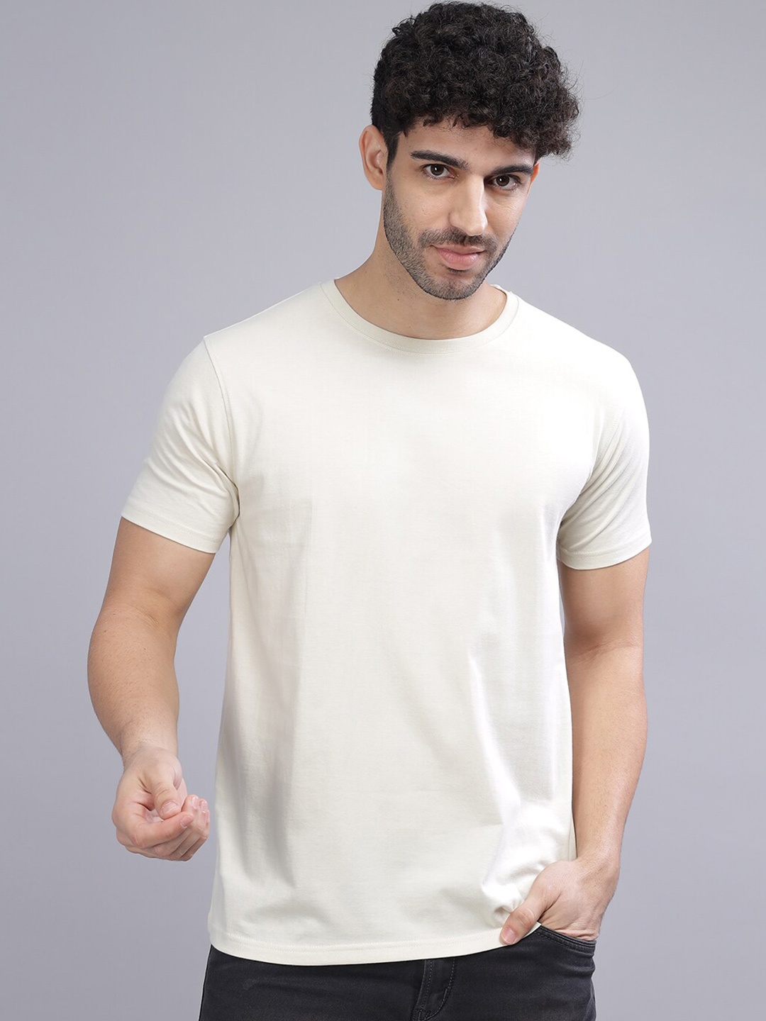 

PAUL STREET Round Neck Bio Finish Pure Cotton Slim Fit Sports T-shirt, Cream