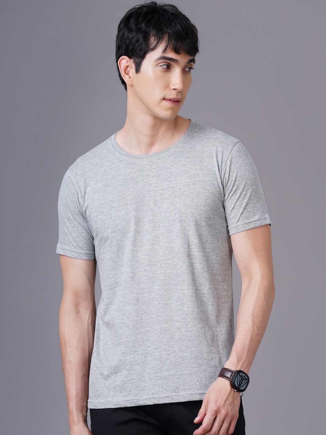 

PAUL STREET Round Neck Pure Cotton Bio Finish Slim Fit T-shirt, Grey melange