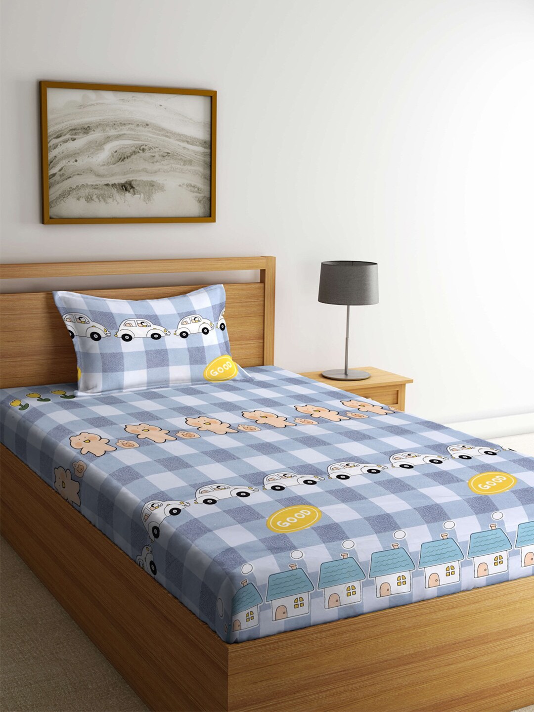 

KLOTTHE Blue & White Printed 300 TC Single Bed Bedsheet With 1 Pillow Cover