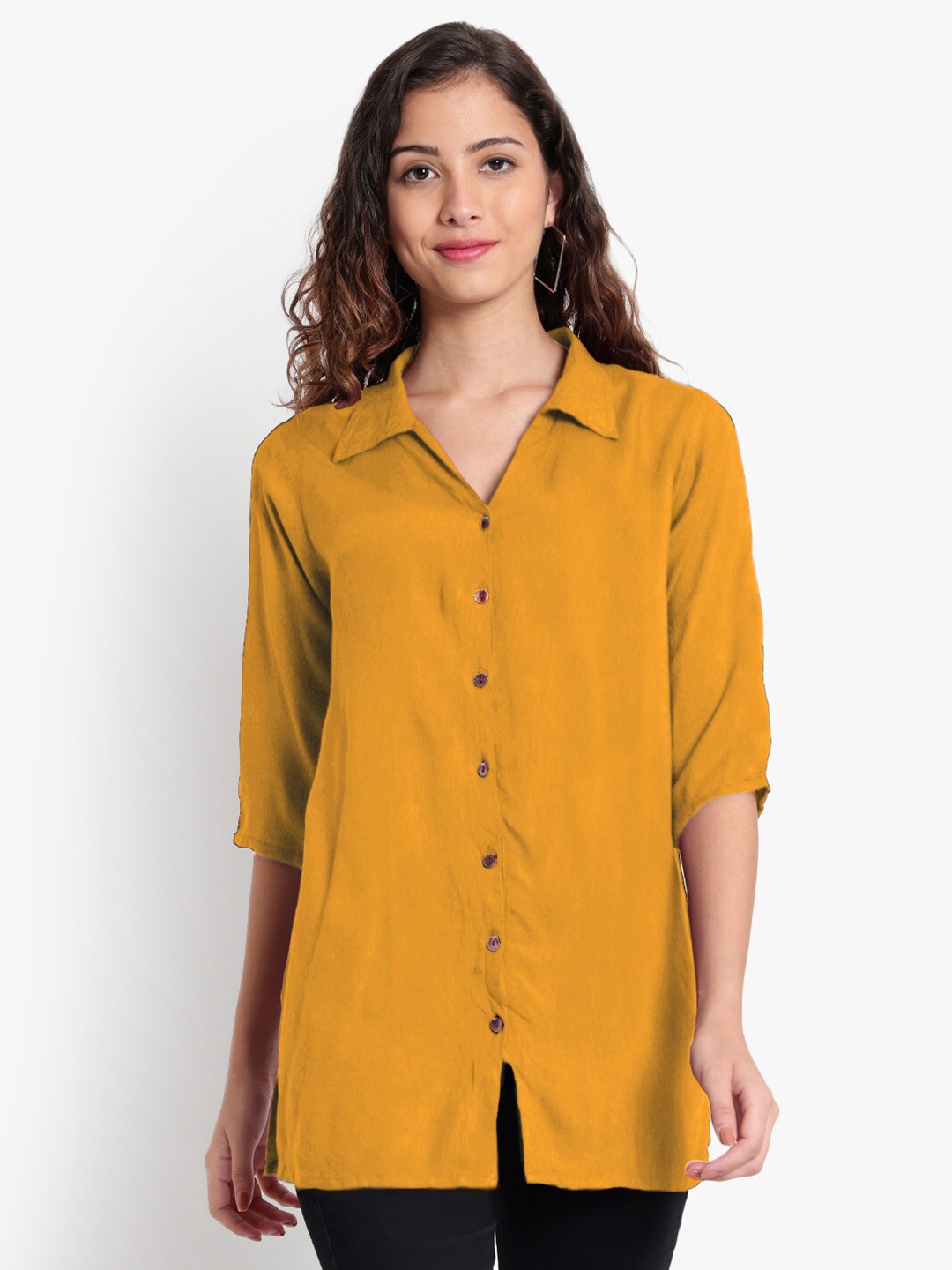 

Indietoga Spread Collar Classic Fit Casual Longline Shirt, Mustard